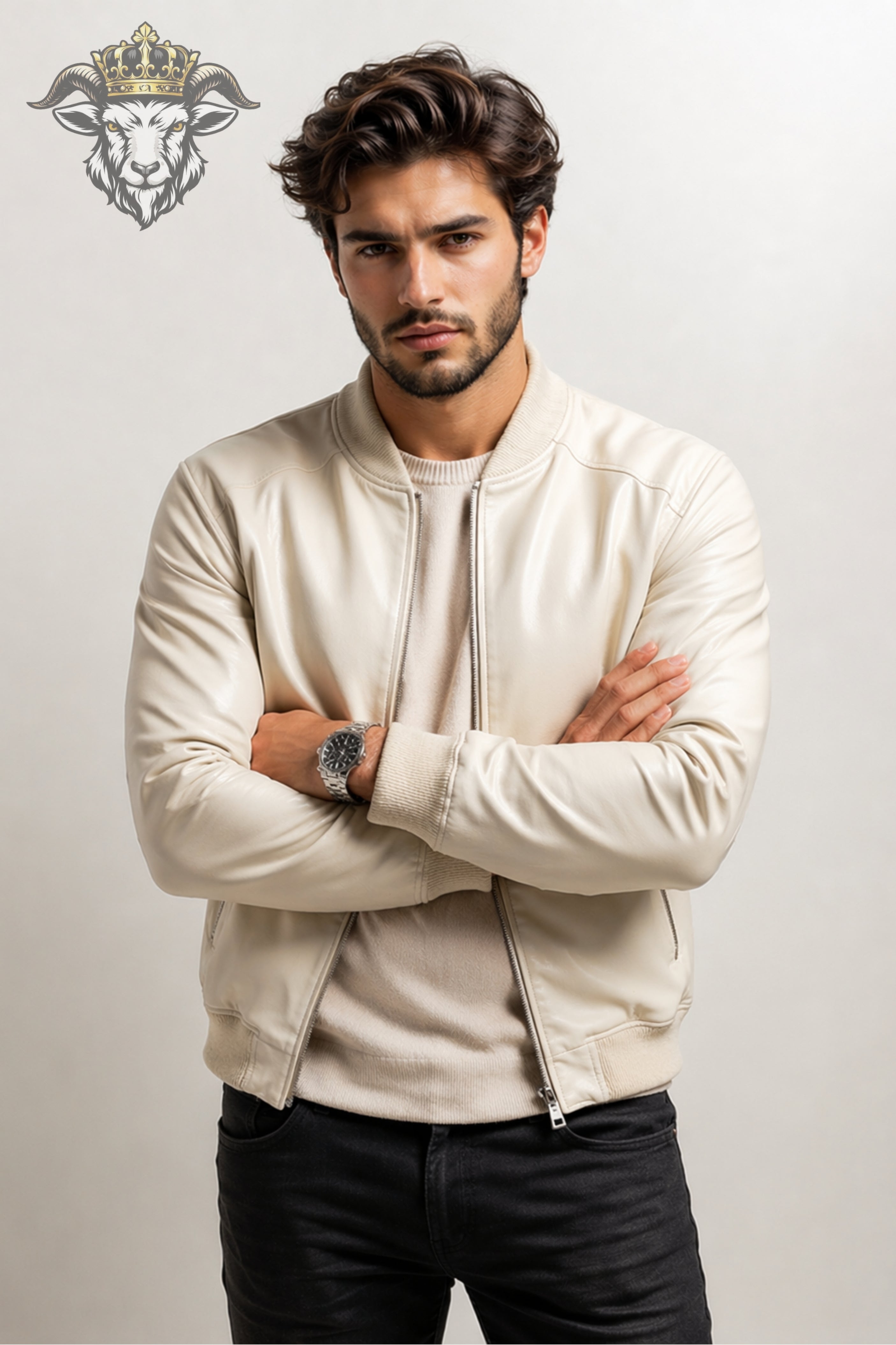 Men’s Cream Real Leather Bomber Jacket
