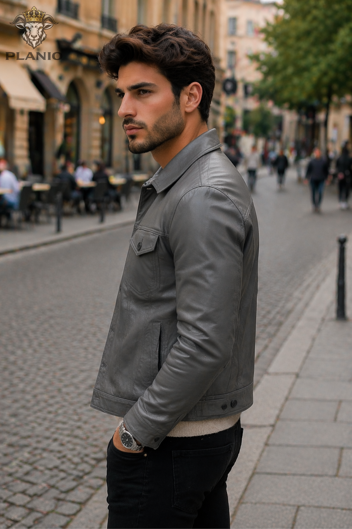 Men's Gray Leather Trucker Jacket, Slim Fit Button Front Jacket, Classic Leather Outerwear, Casual Streetwear Coat