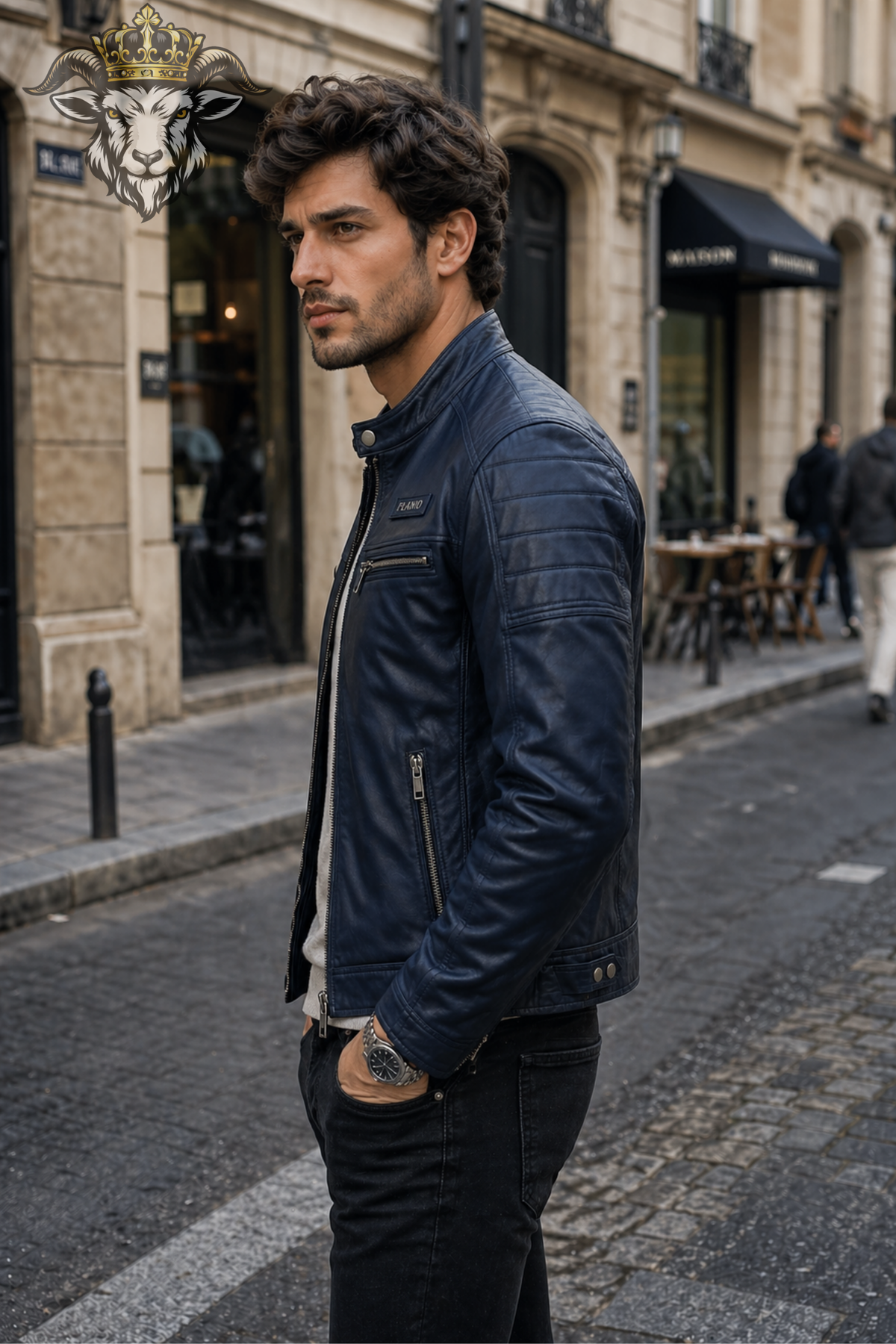 Men's Indigo Real Leather Biker Jacket, Slim Fit Cafe Racer Motorcycle Jacket, PLANIO Quilted Moto Jacket, Men's Blue Leather Outerwear