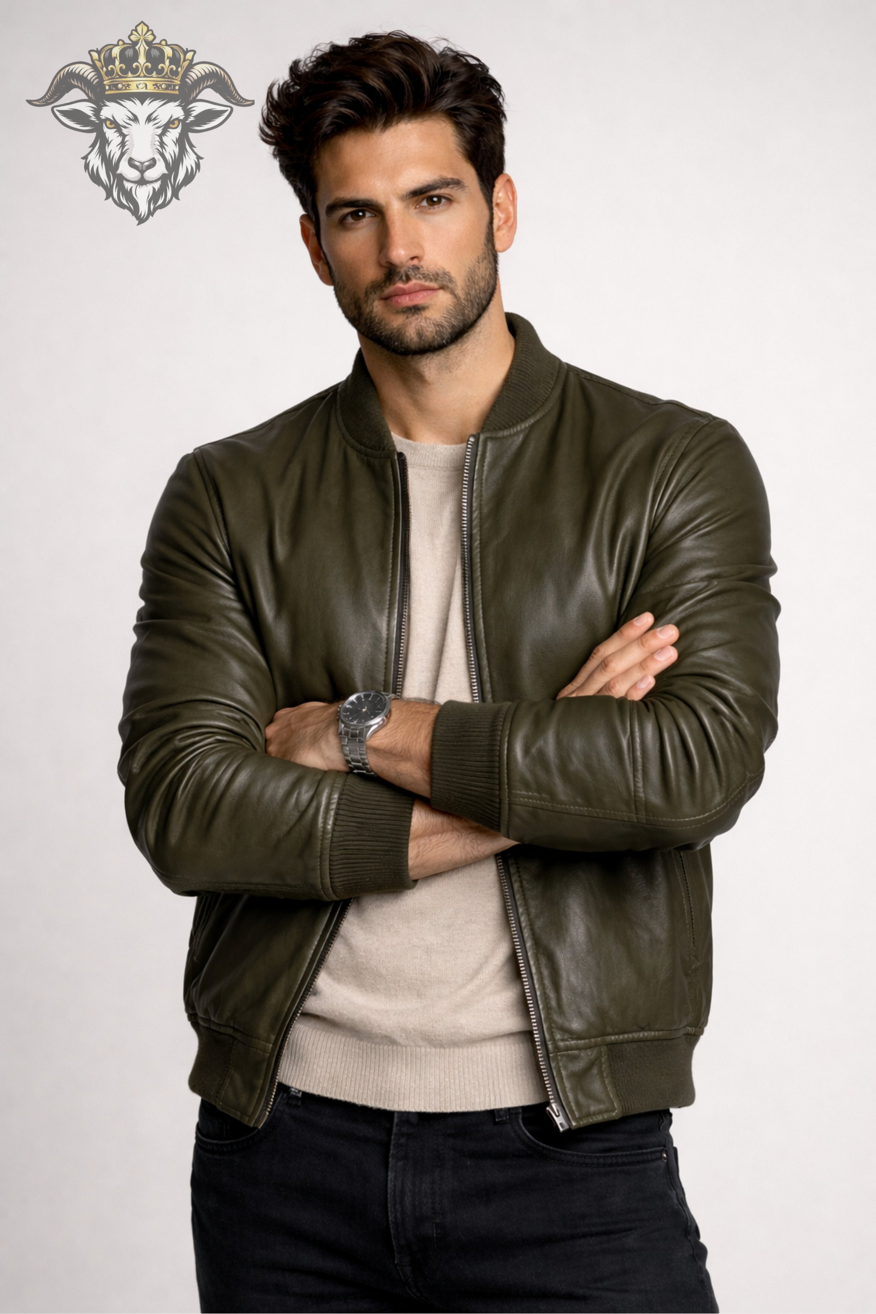Men’s Olive Green Real Leather Bomber Jacket