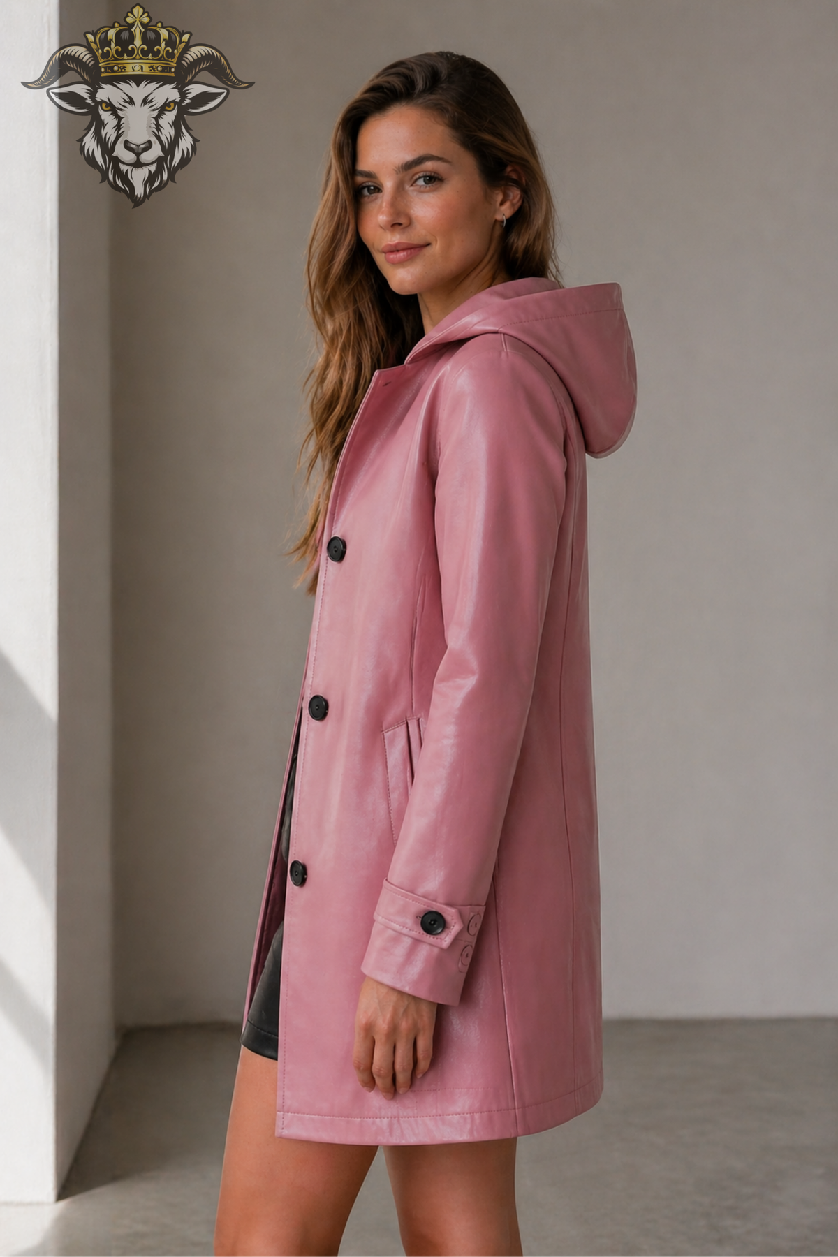 Women’s Pink Hooded Leather Coat, Stylish Faux Leather Trench Jacket, Modern Winter Outerwear, Button Front Hooded Coat, Chic Fall Jacket