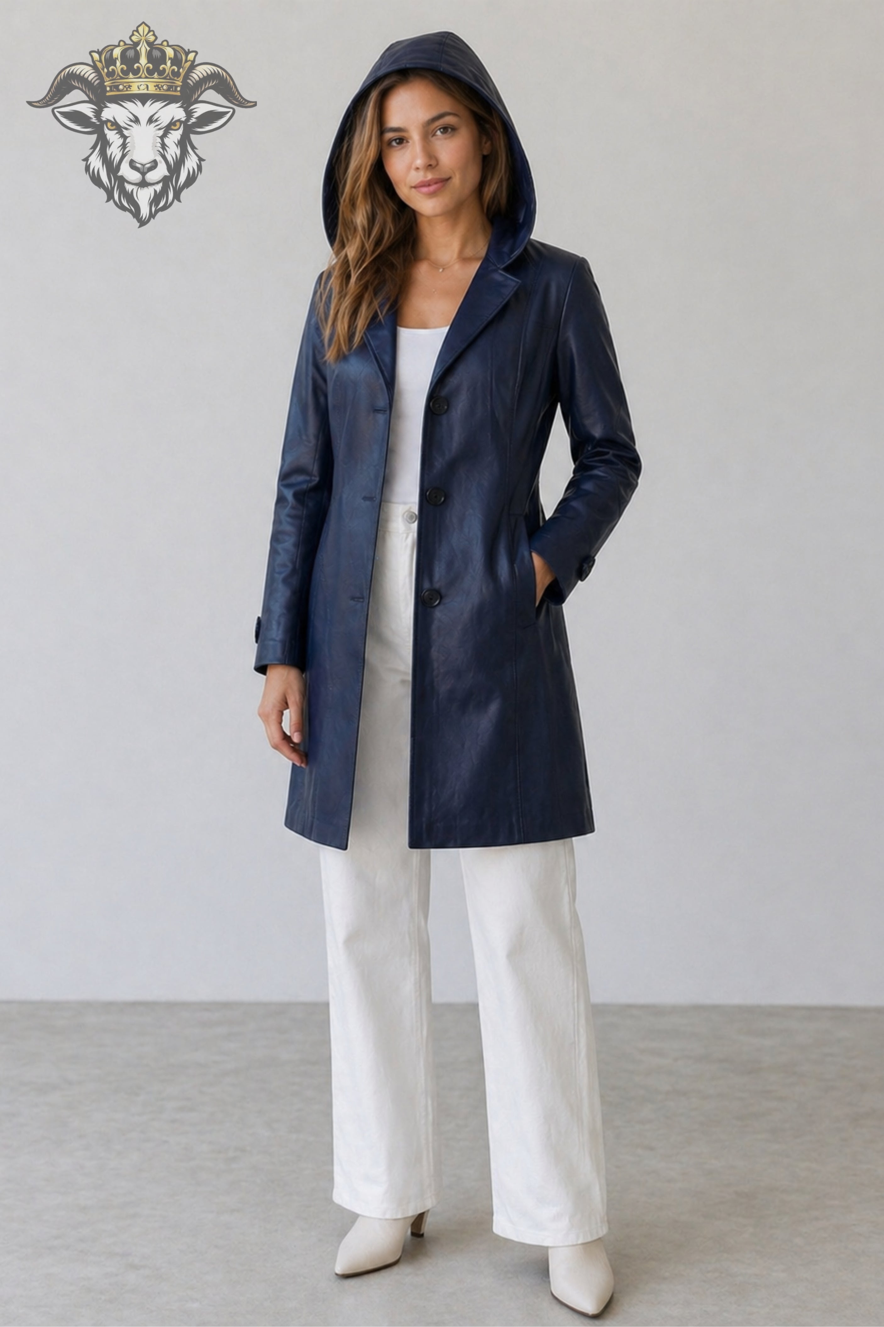 Women’s Navy Blue Real Leather Hooded Coat