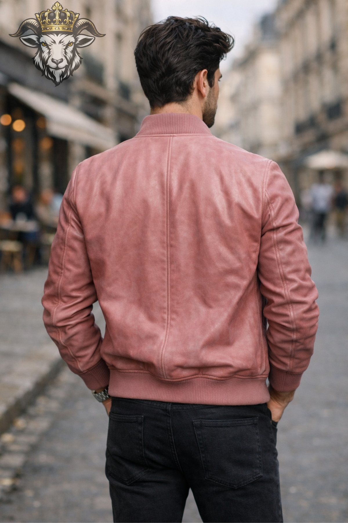 Men’s Pink Leather Bomber Jacket, Slim Fit Ribbed Collar Zip Jacket, Modern Streetwear Outerwear, Casual Fashion Jacket for Men