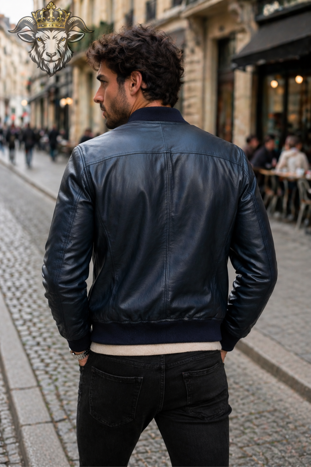 Men's Indigo Leather Bomber Jacket, Slim Fit Ribbed Collar Jacket, Classic Zip-Up Leather Outerwear, Minimalist Casual Moto Jacket