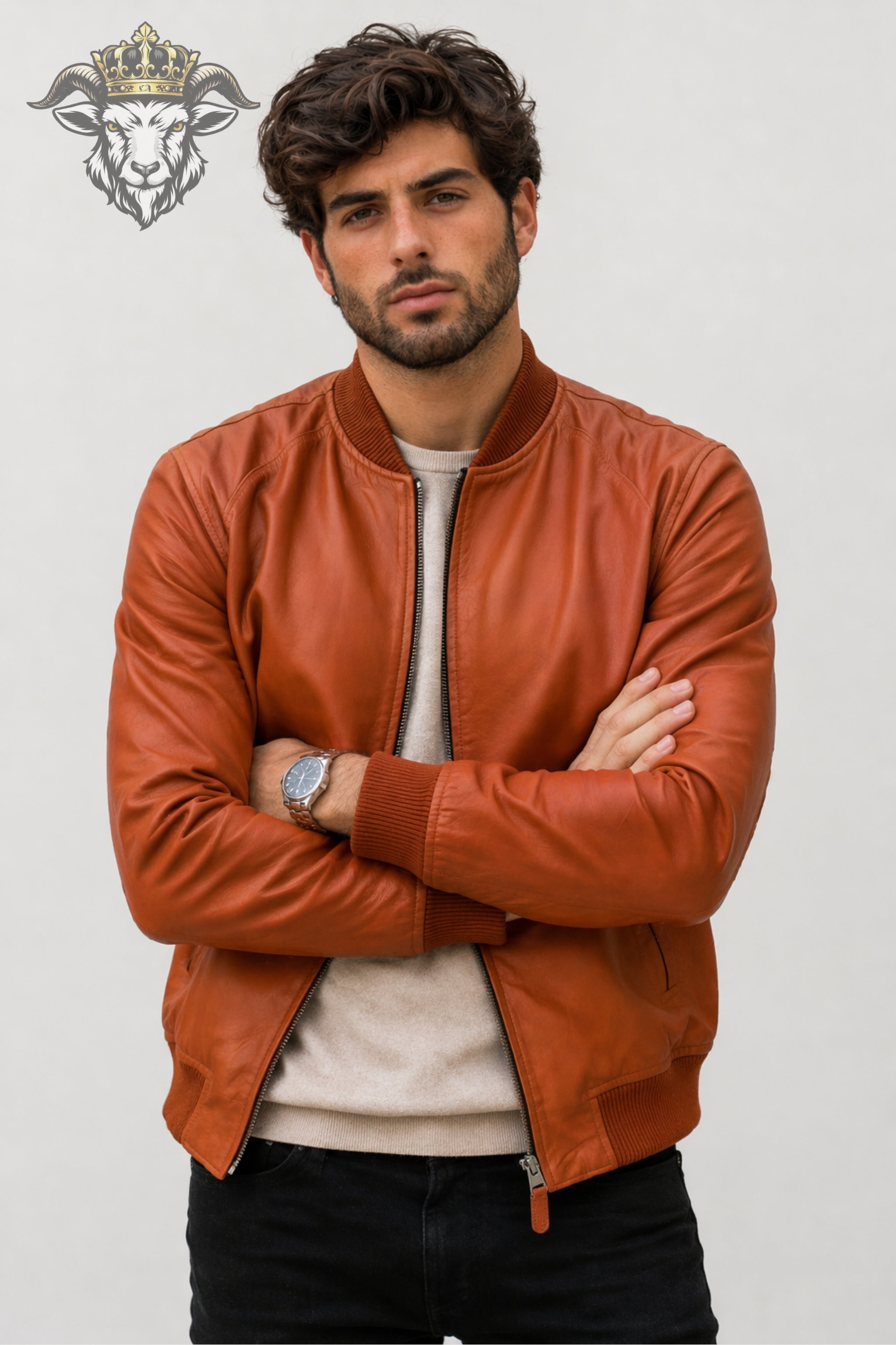 Men’s Burnt Orange Real Leather Bomber Jacket