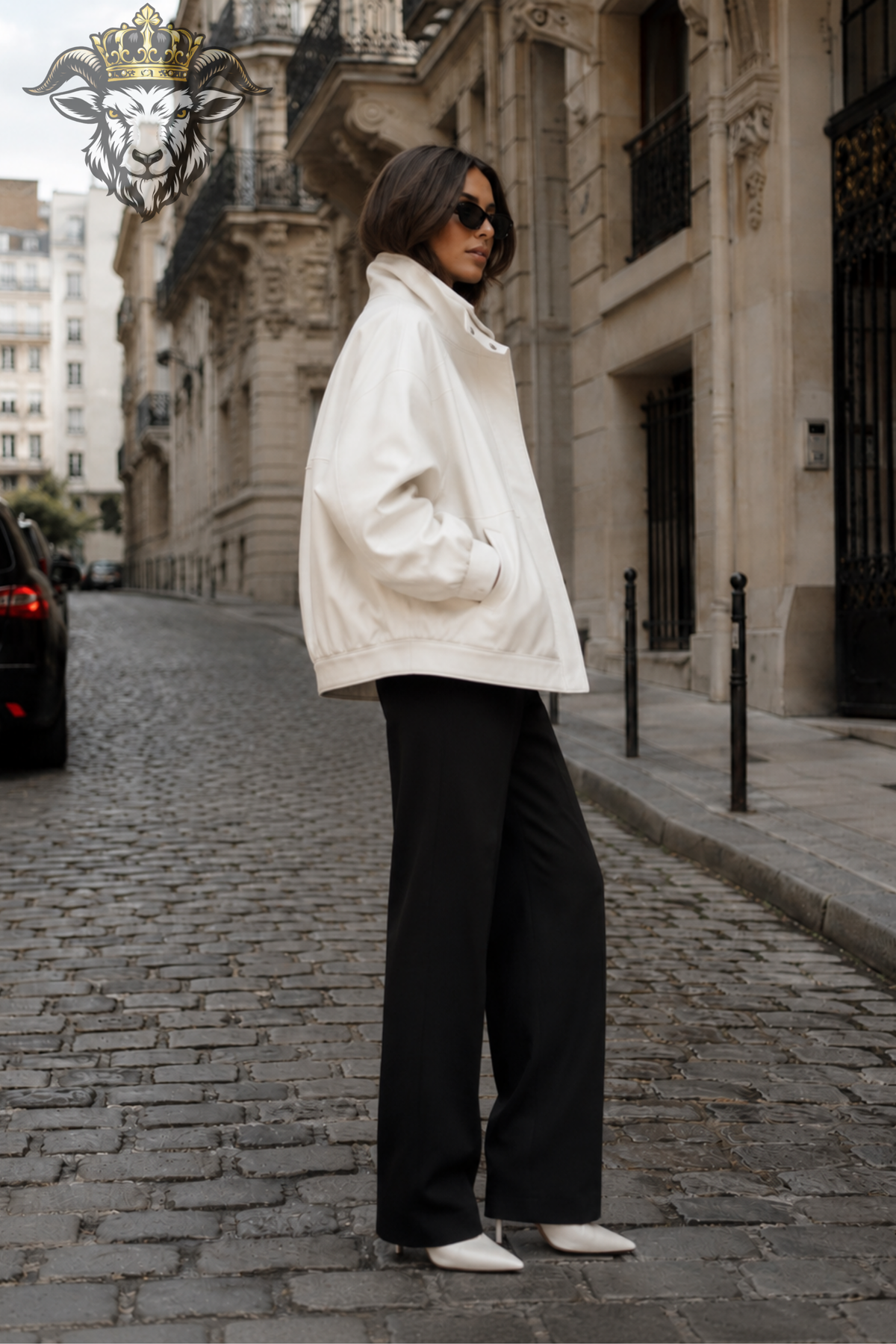 Women's White Oversized Bomber Jacket, Relaxed Fit Zip Up Outerwear, Structured Collar Streetwear Jacket, Minimalist Fashion Coat