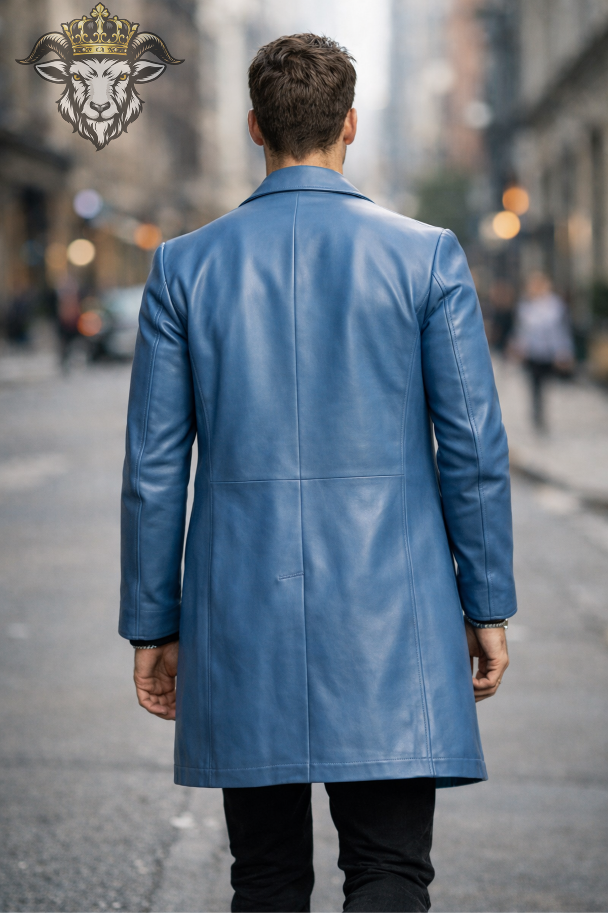 Men's Sky Blue Leather Overcoat, Slim Fit Long Coat, Notch Lapel Jacket, Three Button Front, Modern Designer Style Outerwear