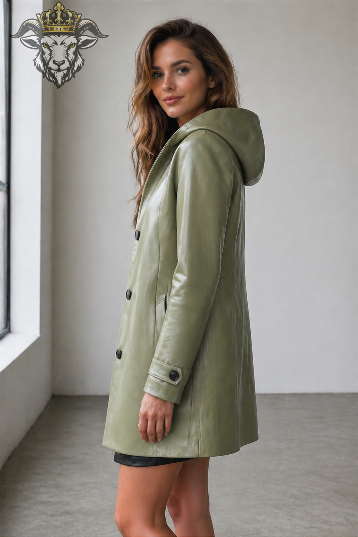 Sage Green Hooded Leather Coat for Women, Tailored Long Jacket, Matte Leather Outerwear, Button Front Coat, Minimalist Fall Fashion