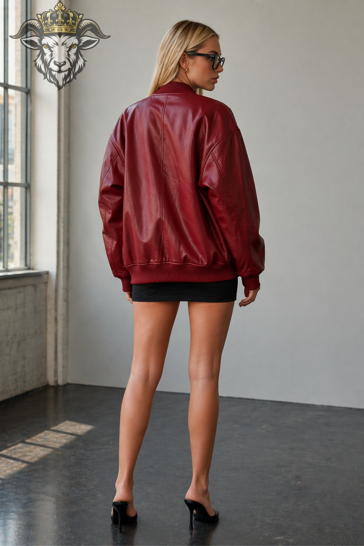 Women's Red Leather Bomber Jacket, Oversized Zip-Up Jacket, Ribbed Collar Streetwear Outerwear