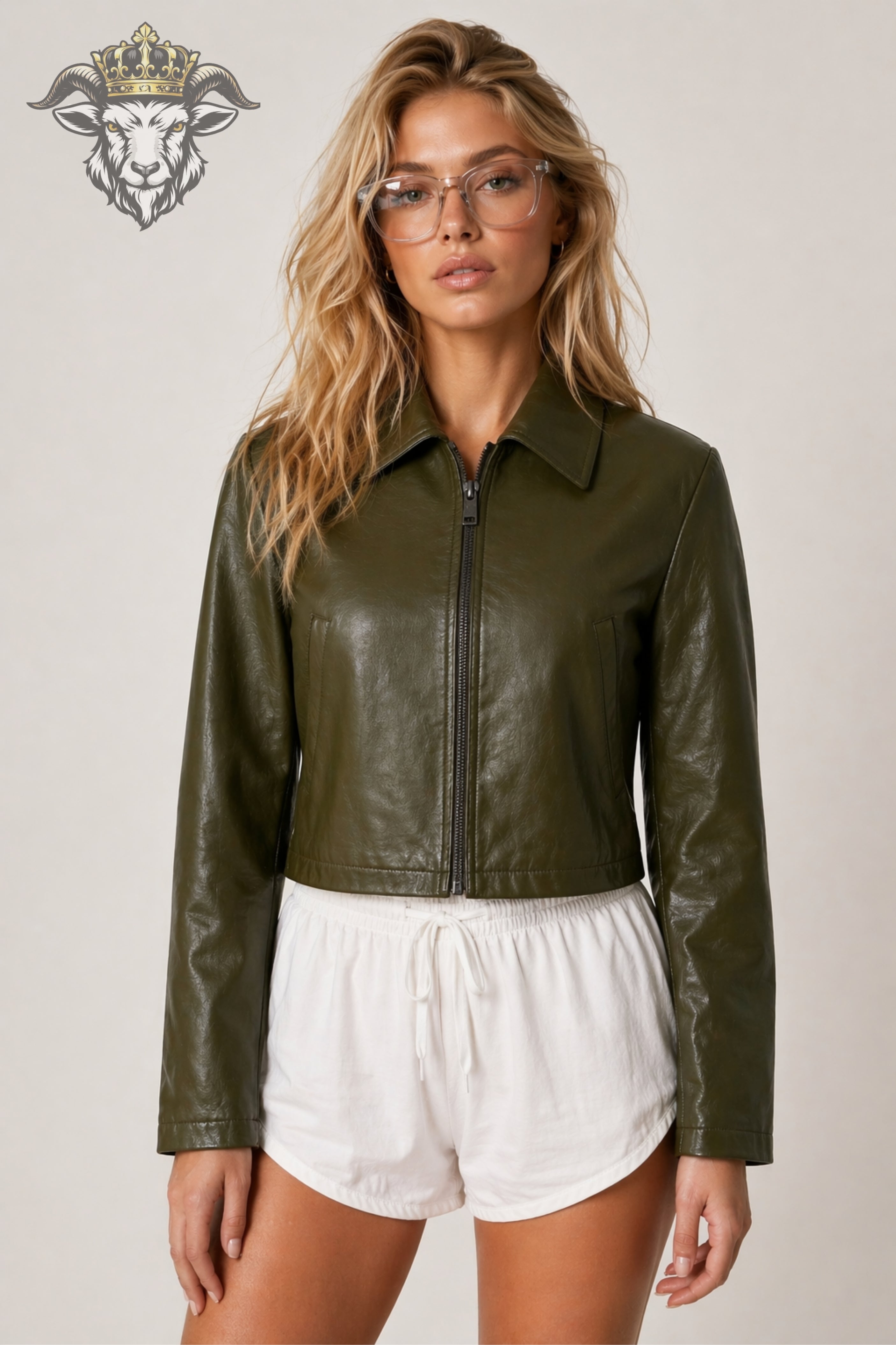 Women’s Olive Green Real Leather Cropped Jacket
