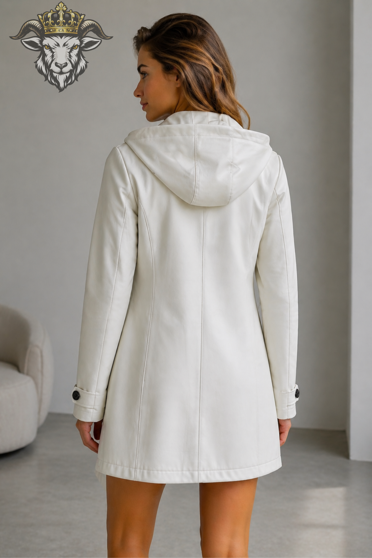Women’s White Faux Leather Hooded Trench Coat – Tailored Long Jacket with Black Buttons, Stylish Winter Outerwear