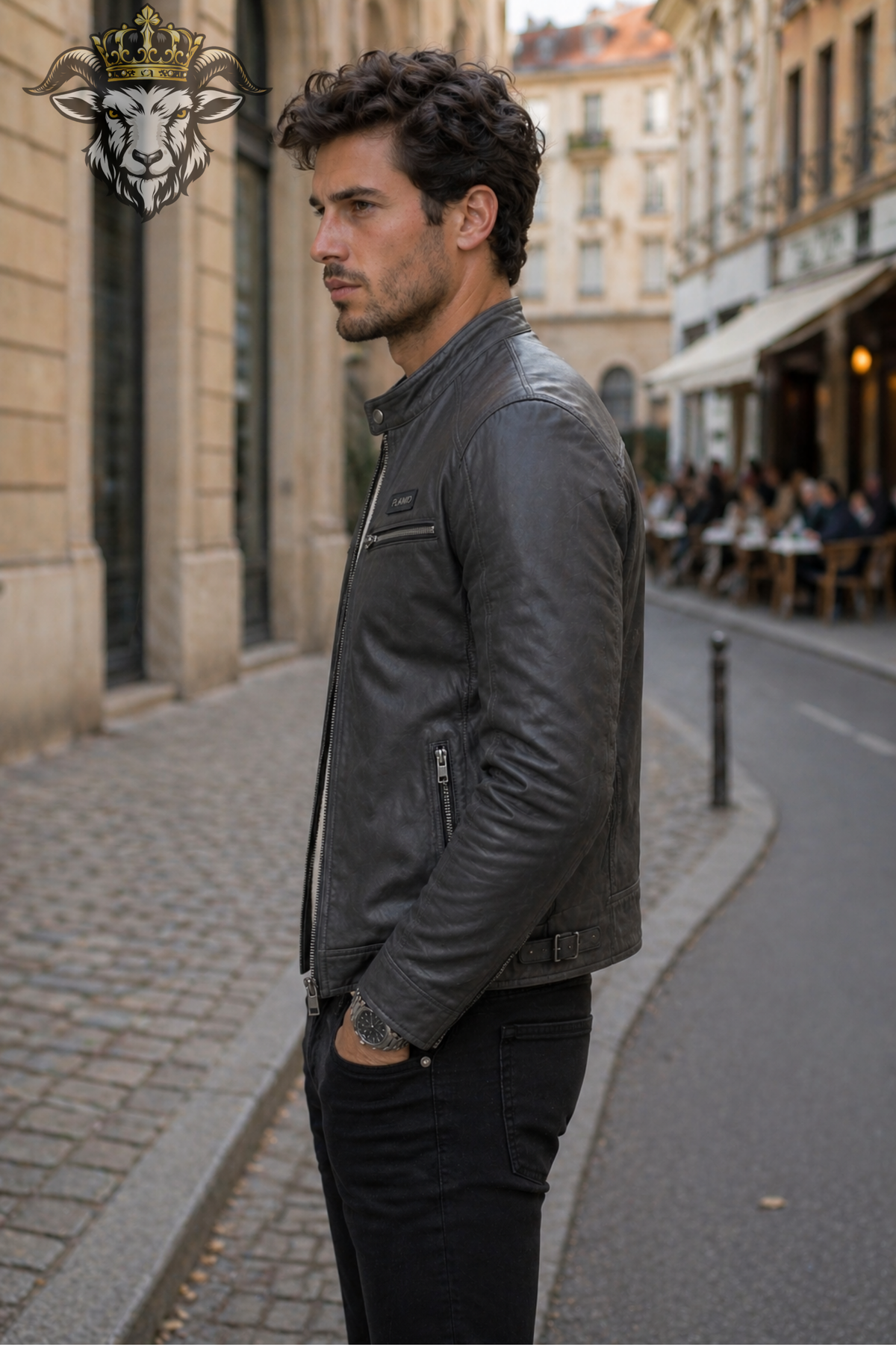 Men's Dark Gray Real Leather Biker Jacket, Slim Fit Cafe Racer Motorcycle Jacket, Vintage Moto Jacket, PLANIO Leather Outerwear