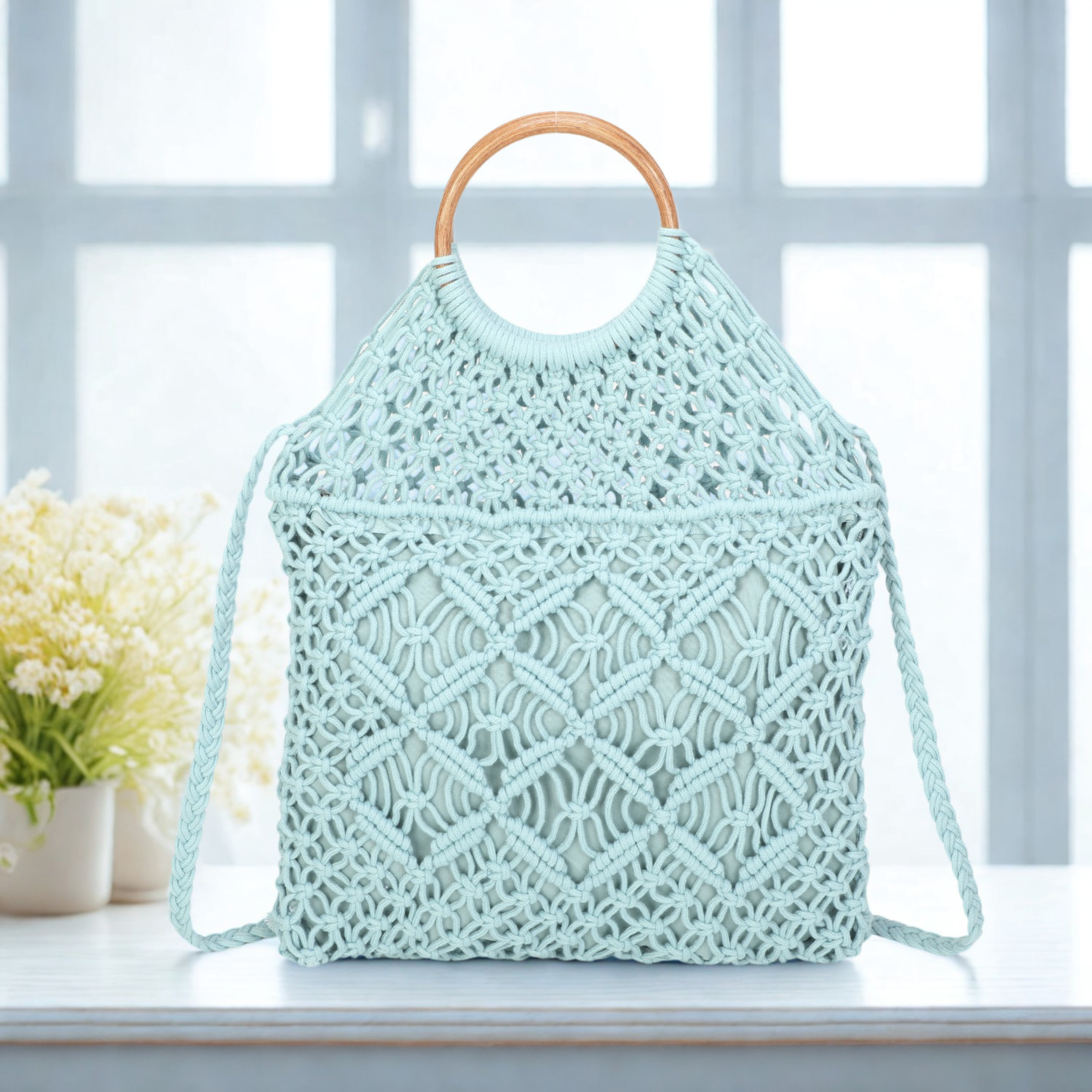 Boho Crochet Handbag with Circle Wooden Handles – Knitted Macramé Shoulder Bag for Women