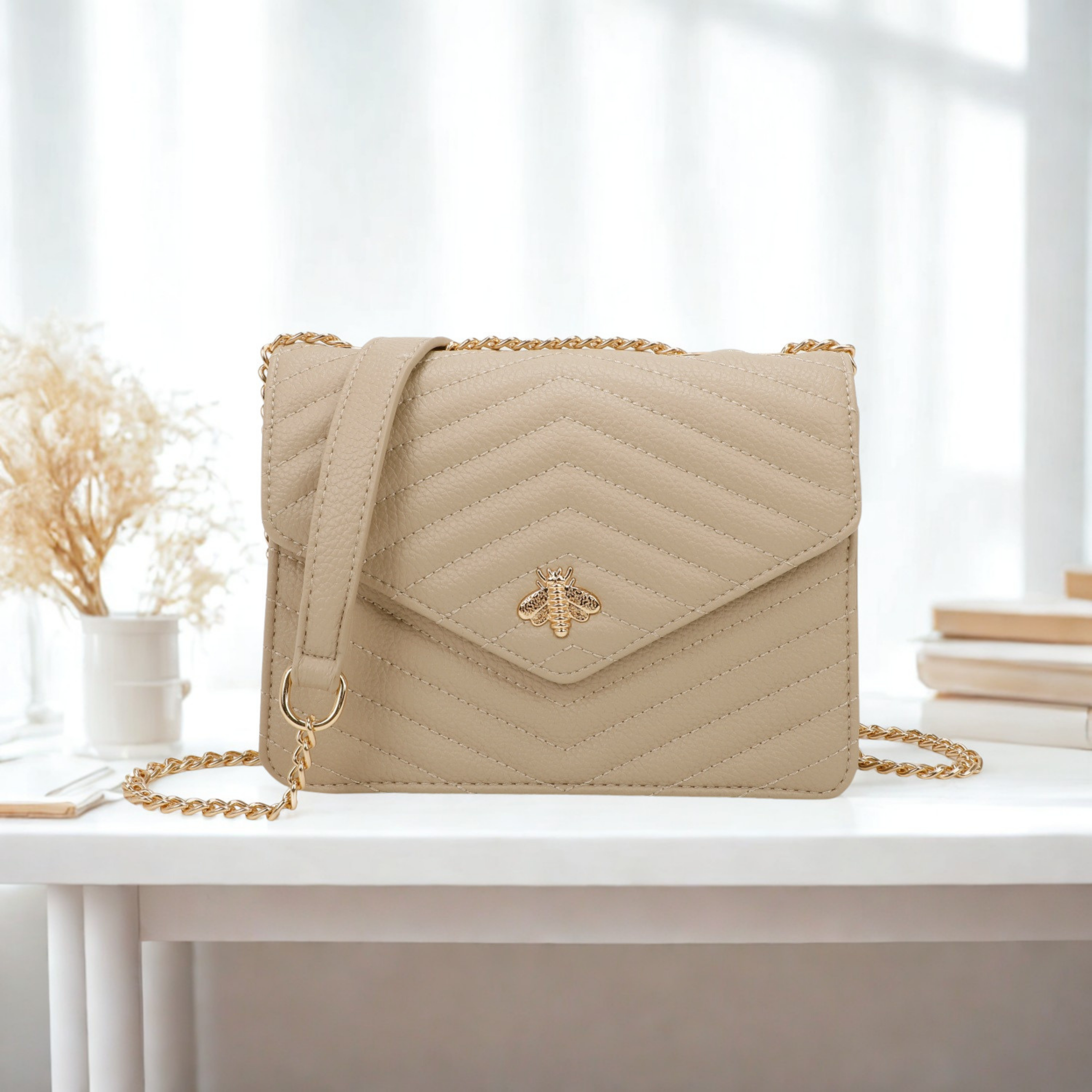 Women’s Quilted Crossbody Bag with Gold Bee Detail – Flap Over Shoulder Handbag with Half Chain Strap