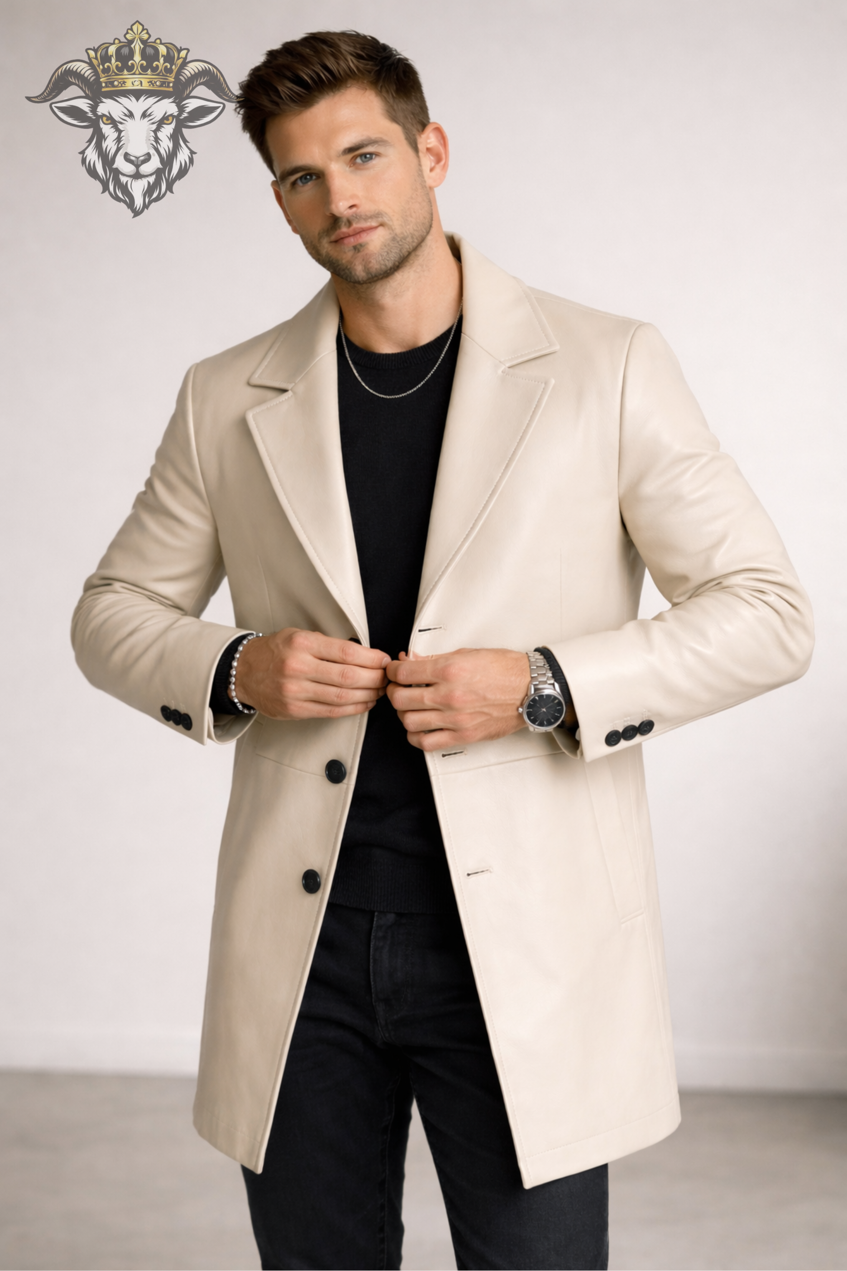 Men’s Cream Real Leather Coat – Mid-Thigh Length Premium Tailored Jacket | Matte Finish, Modern Slim Fit Winter Overcoat