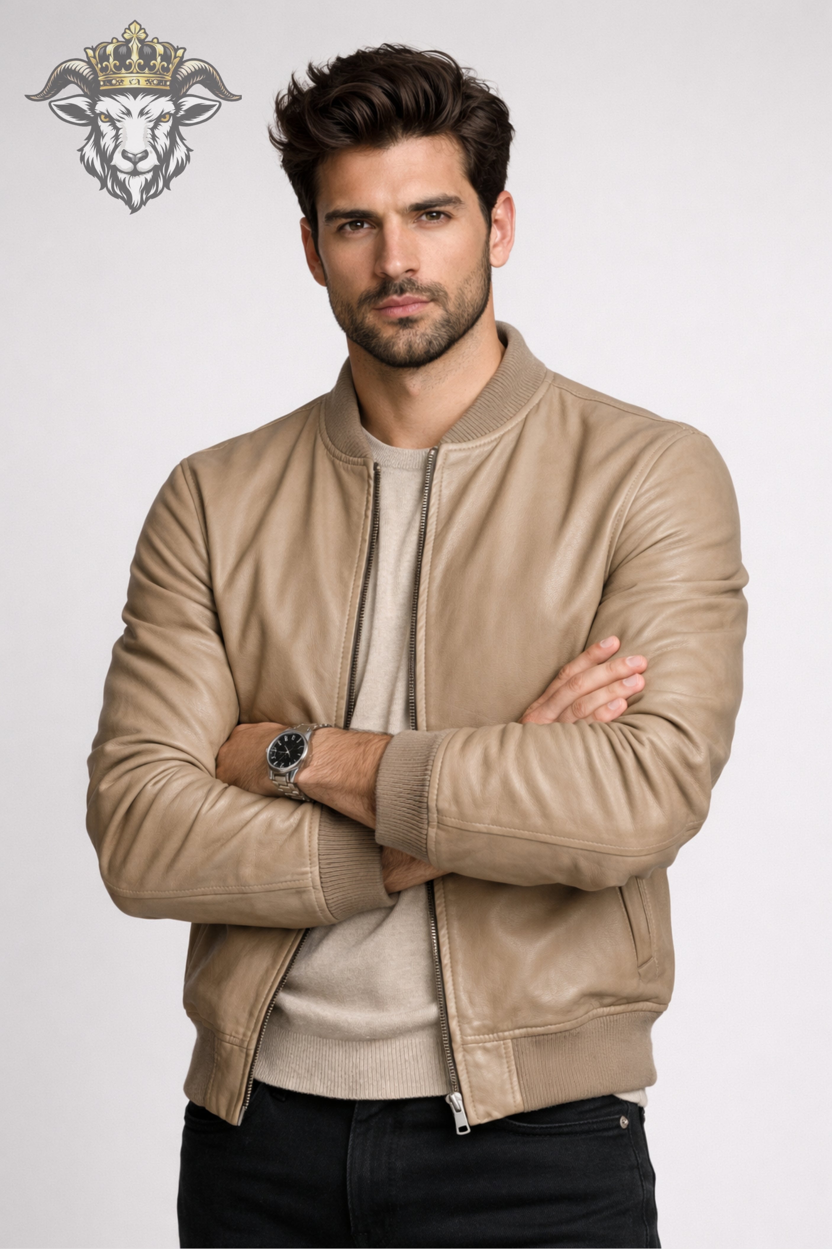 Men’s Beige Real Leather Bomber Jacket