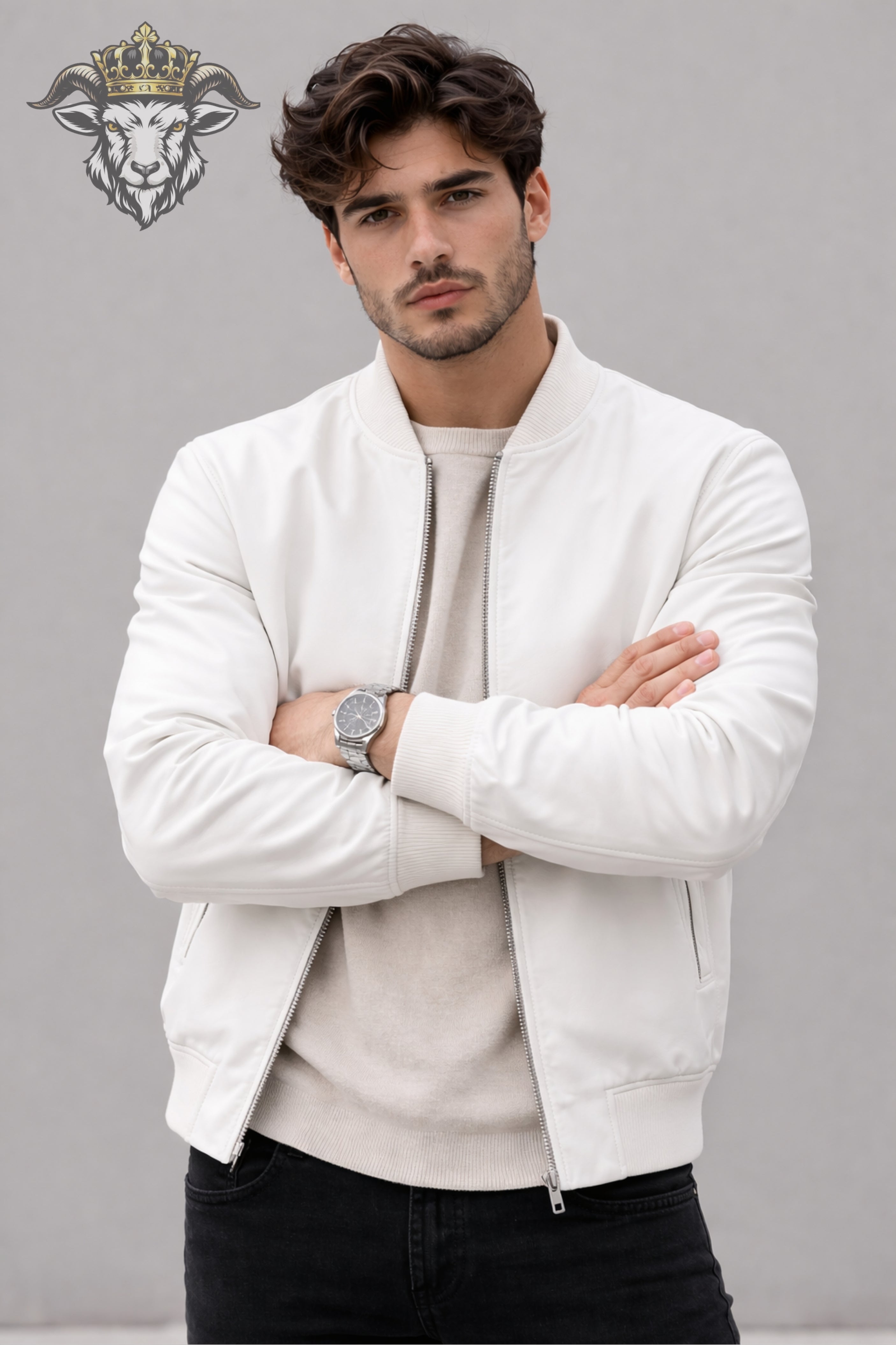 Men’s White Leather Bomber Jacket