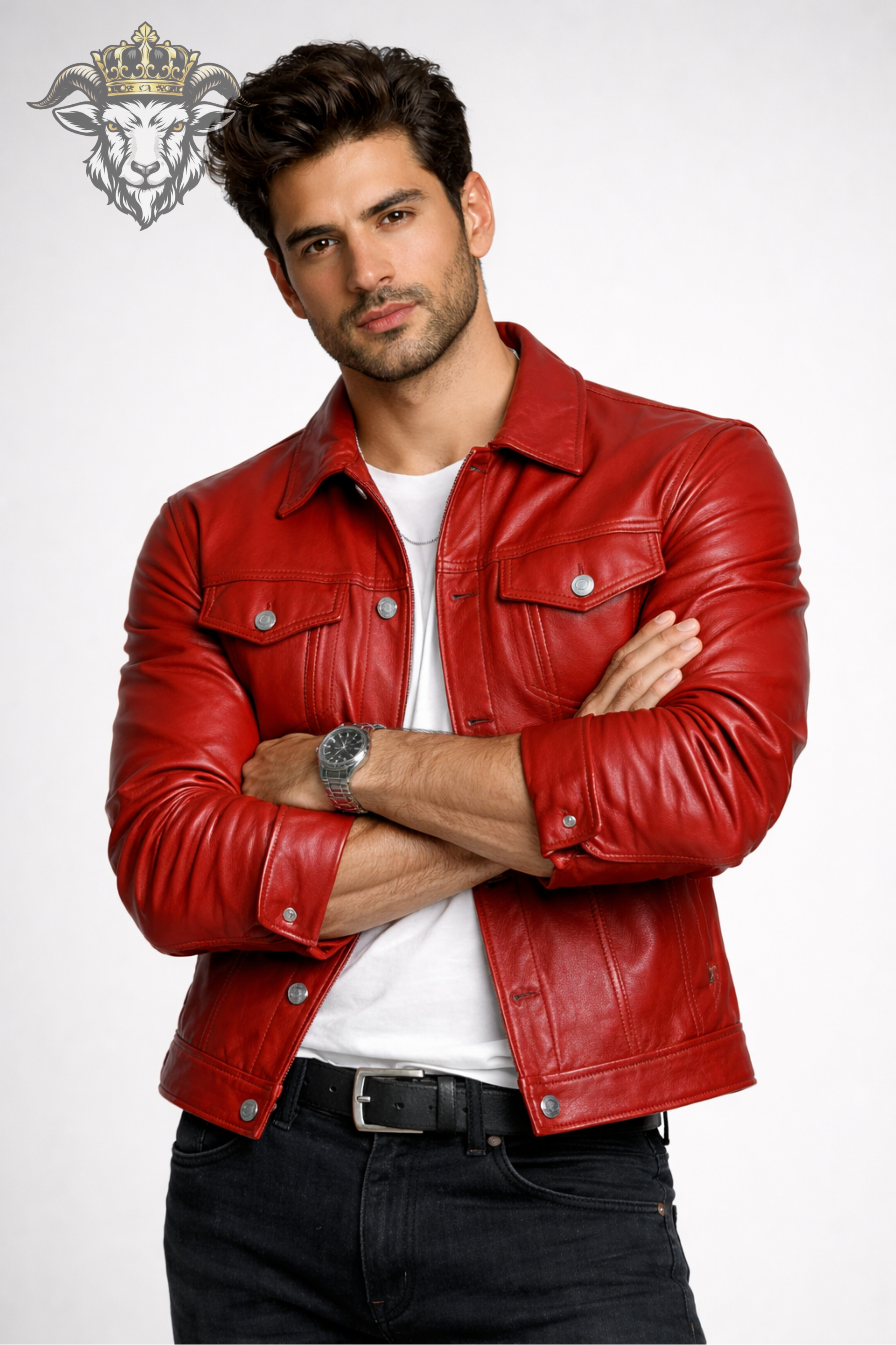 Men’s Red Real Leather Trucker Jacket