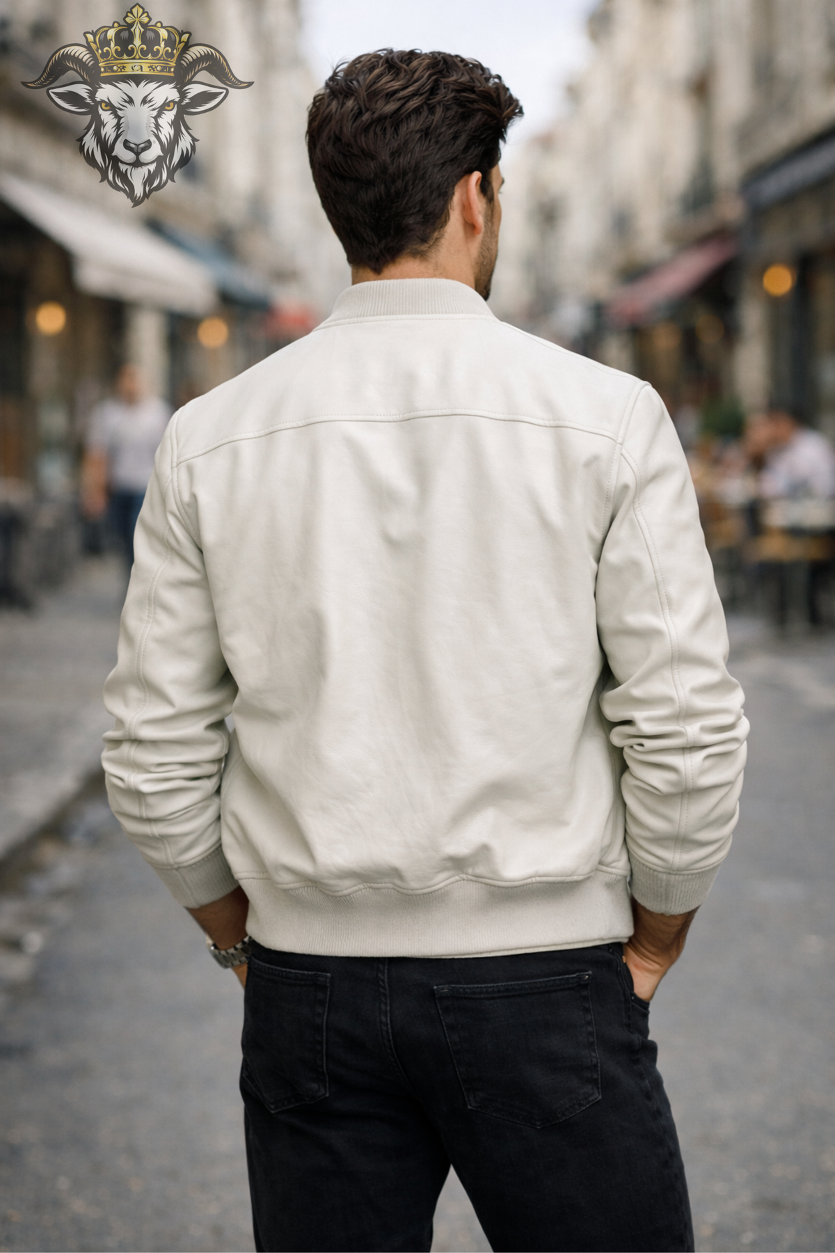 Men's White Leather Bomber Jacket, Minimalist Ribbed Zip Up Jacket, Modern Casual Streetwear Outerwear