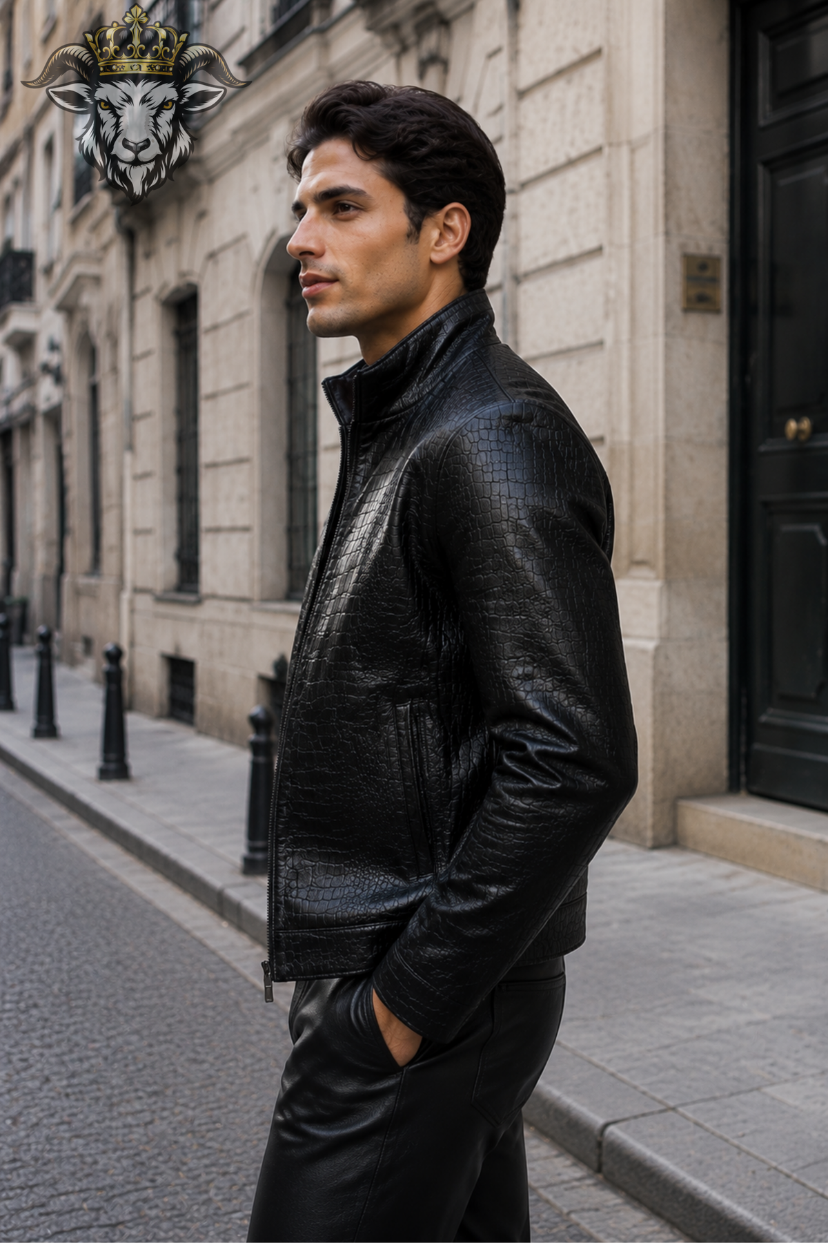 Men’s Black Crocodile Embossed Leather Jacket – Premium Textured Zip-Up Stand Collar Jacket