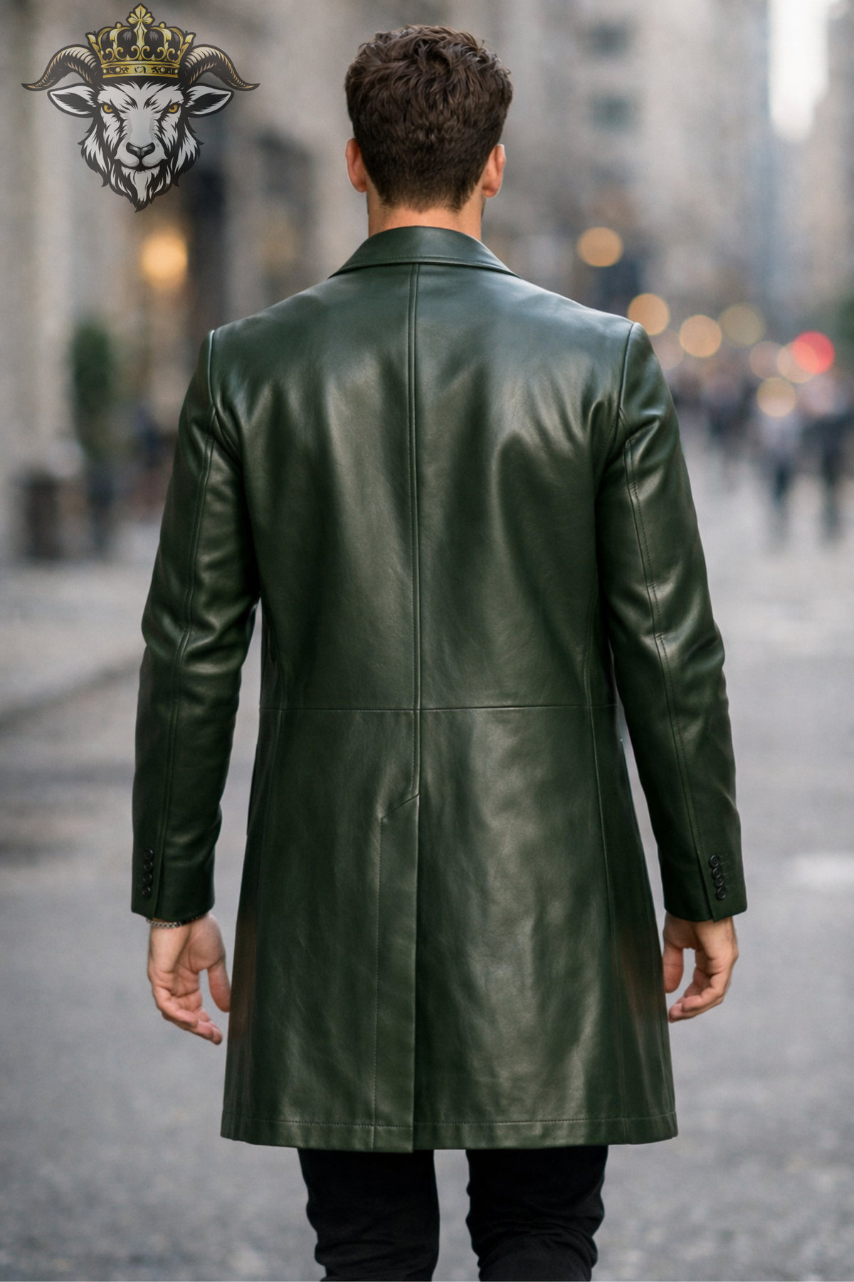 Men's Deep Green Leather Coat, Slim Fit Mid-Thigh Overcoat, Tailored Lapel Jacket, Classic Button Front Winter Outerwear
