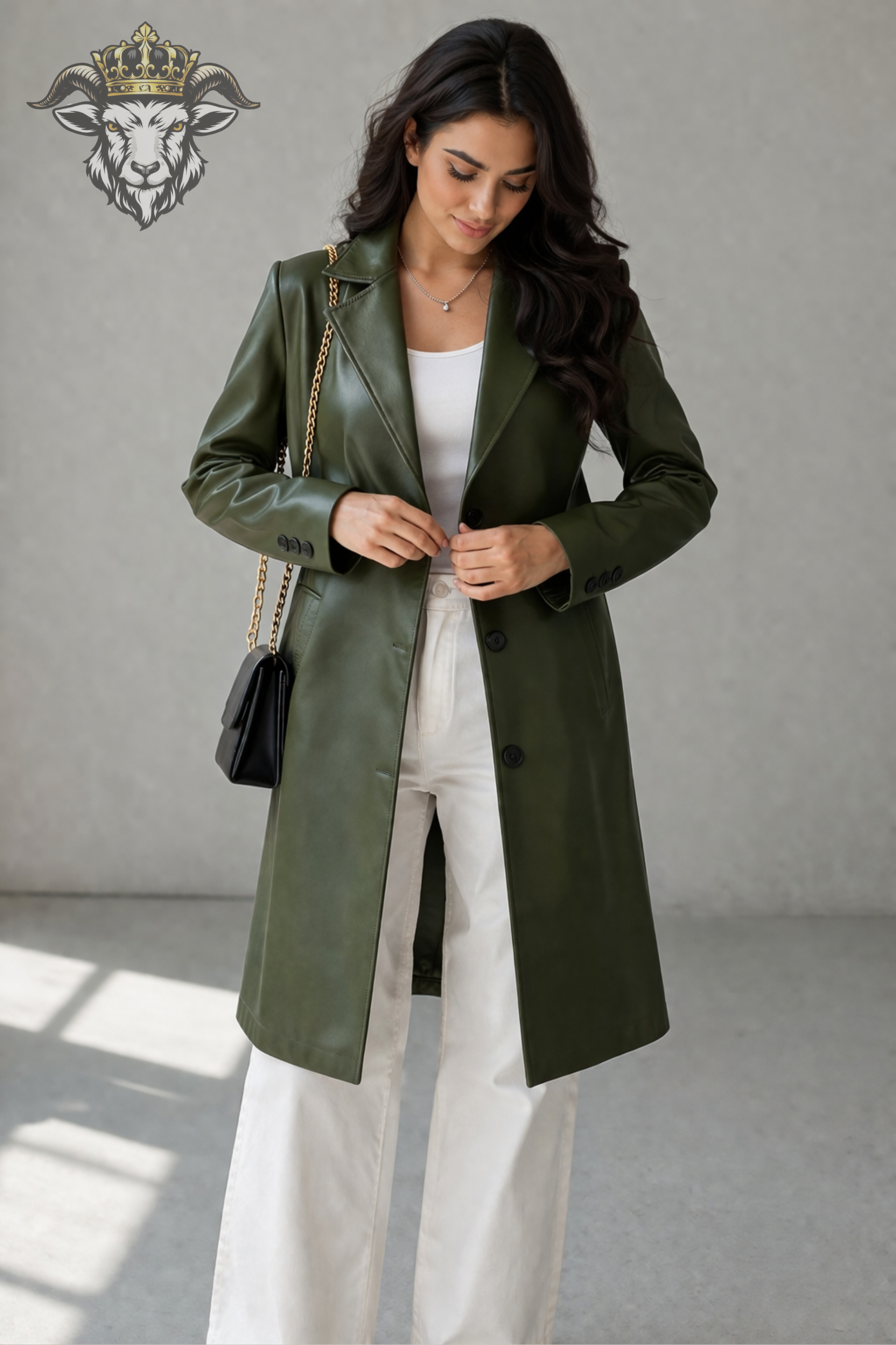 Women’s Green Real Leather Knee-Length Coat