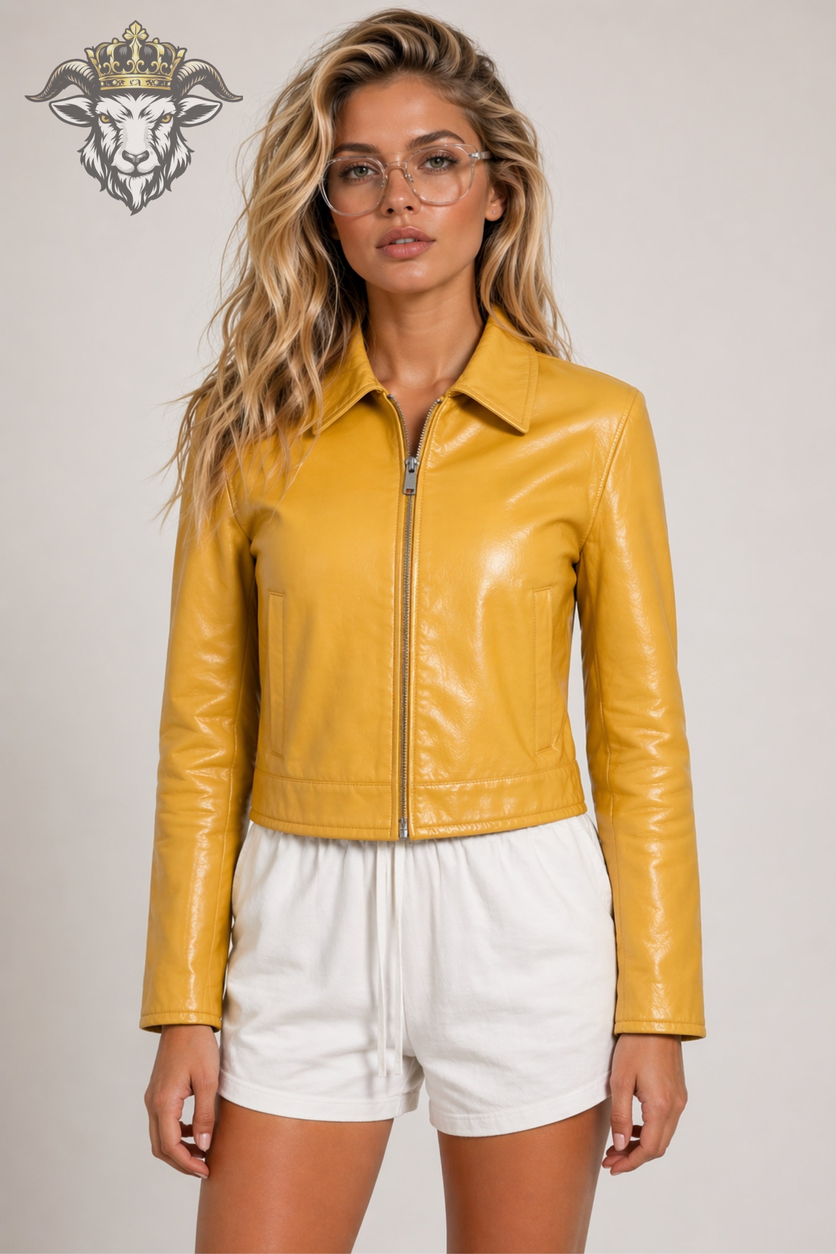 Women’s Yellow Real Leather Cropped Jacket