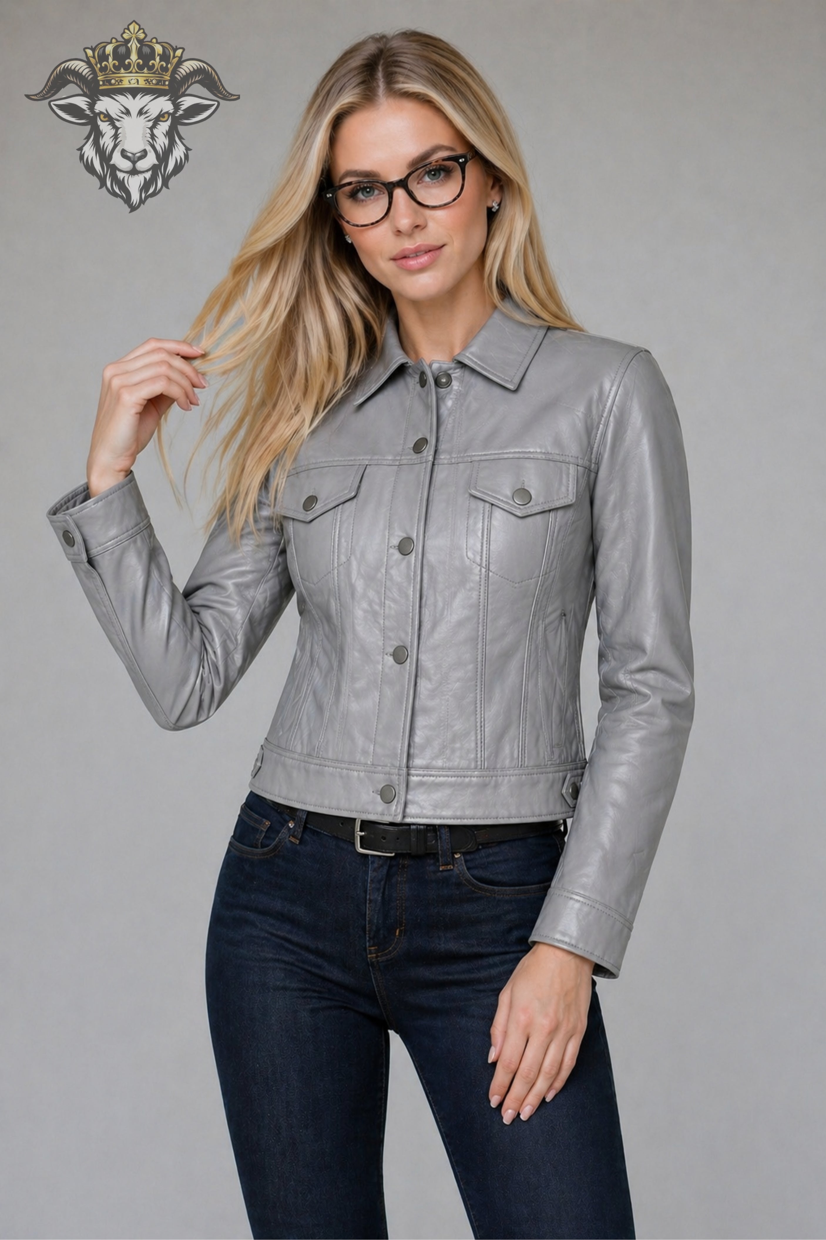 Women’s Grey Real Leather Trucker Jacket