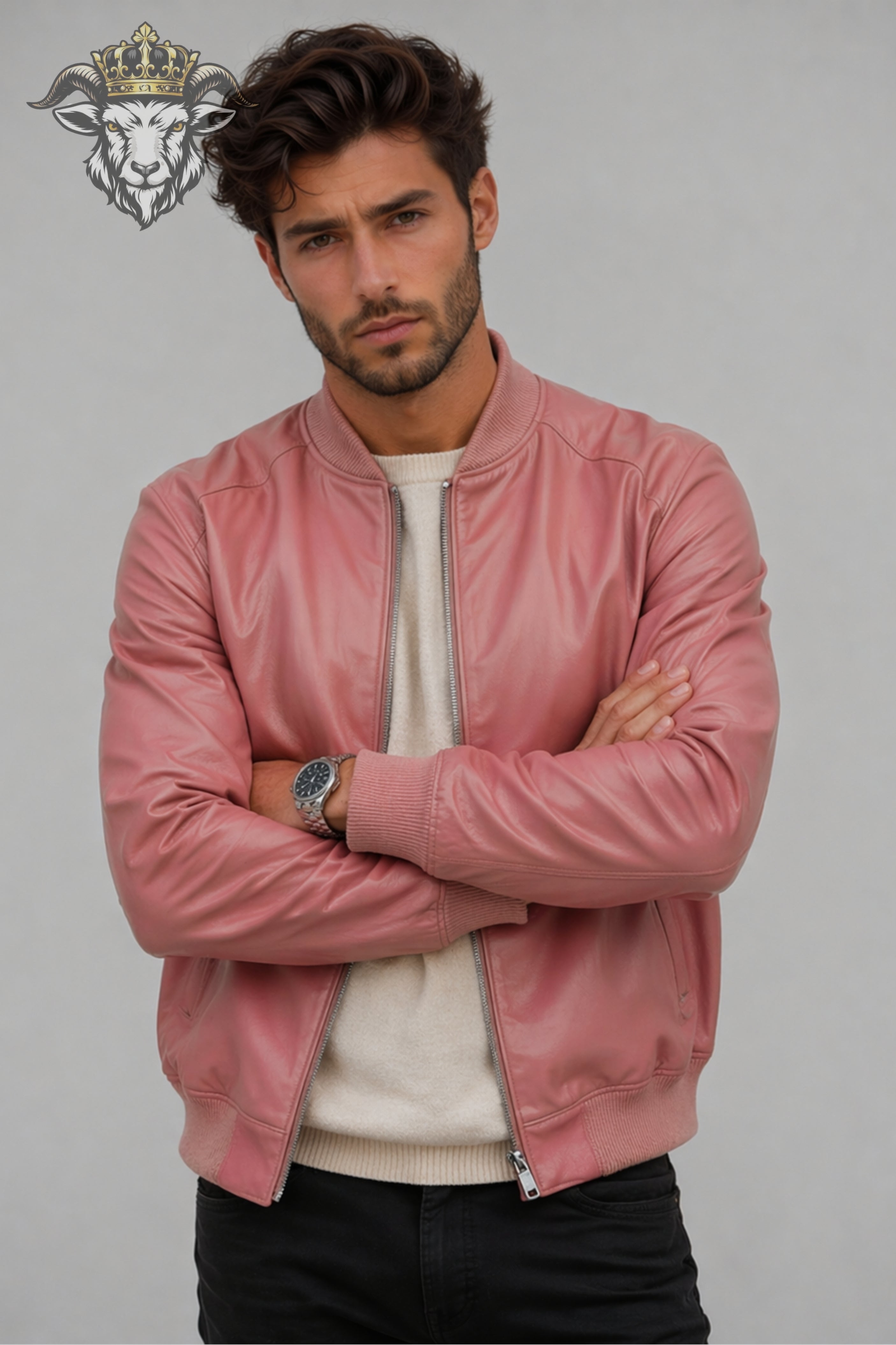 Men’s Pink Real Leather Bomber Jacket