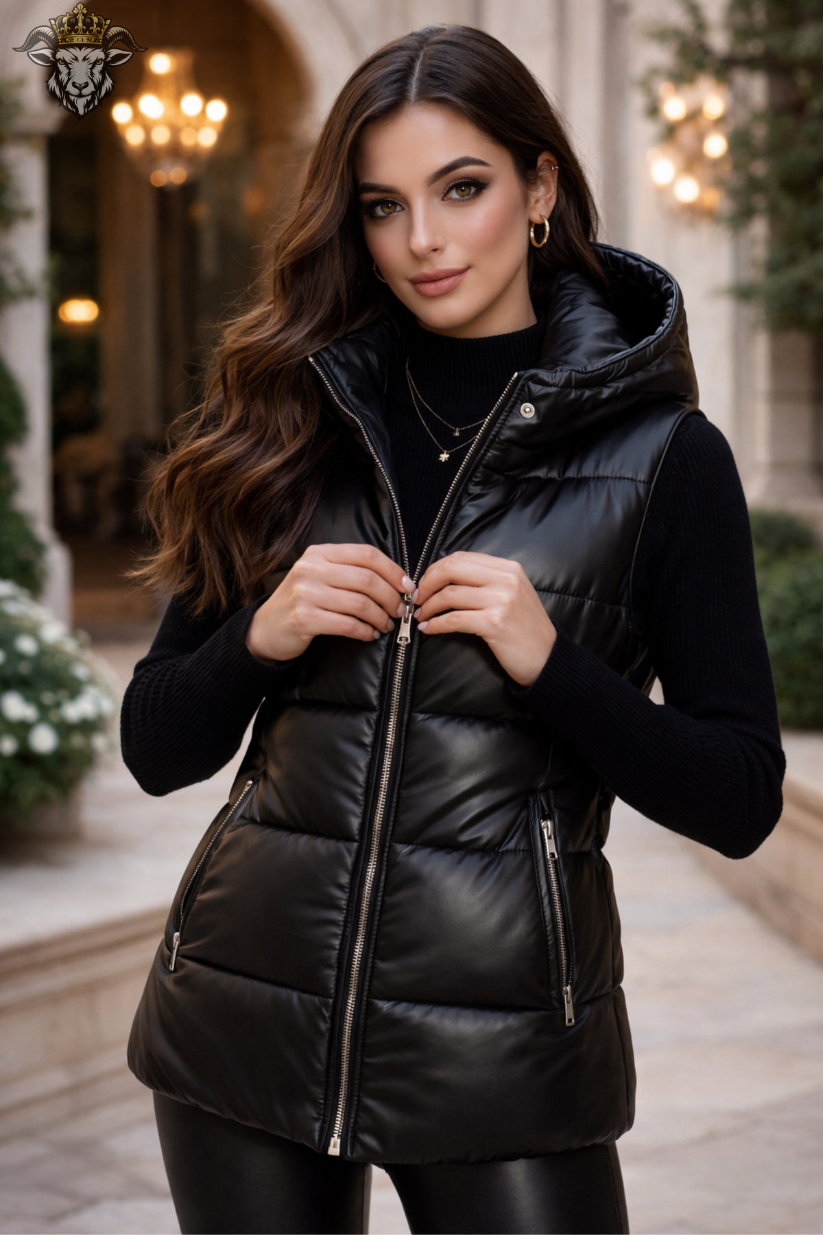 Women’s Black Leather-Look Hooded Puffer Vest, Quilted Sleeveless Winter Jacket, Longline Insulated Gilet, Stylish Casual Outerwear