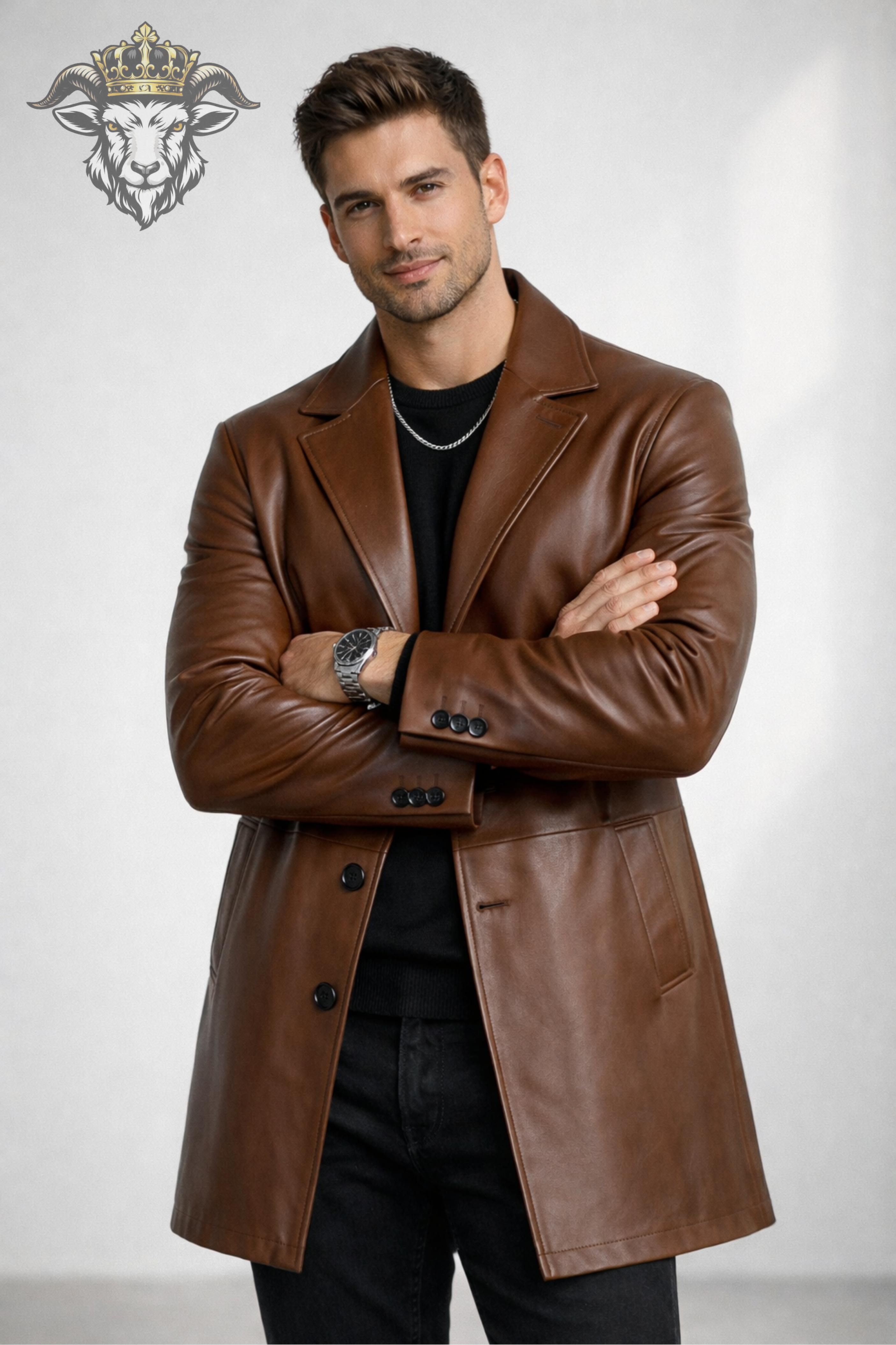 Men’s Brown Real Leather Coat – Mid-Thigh Length, Classic Tailored Fit, Premium Genuine Leather Jacket for Winter & Casual Wear