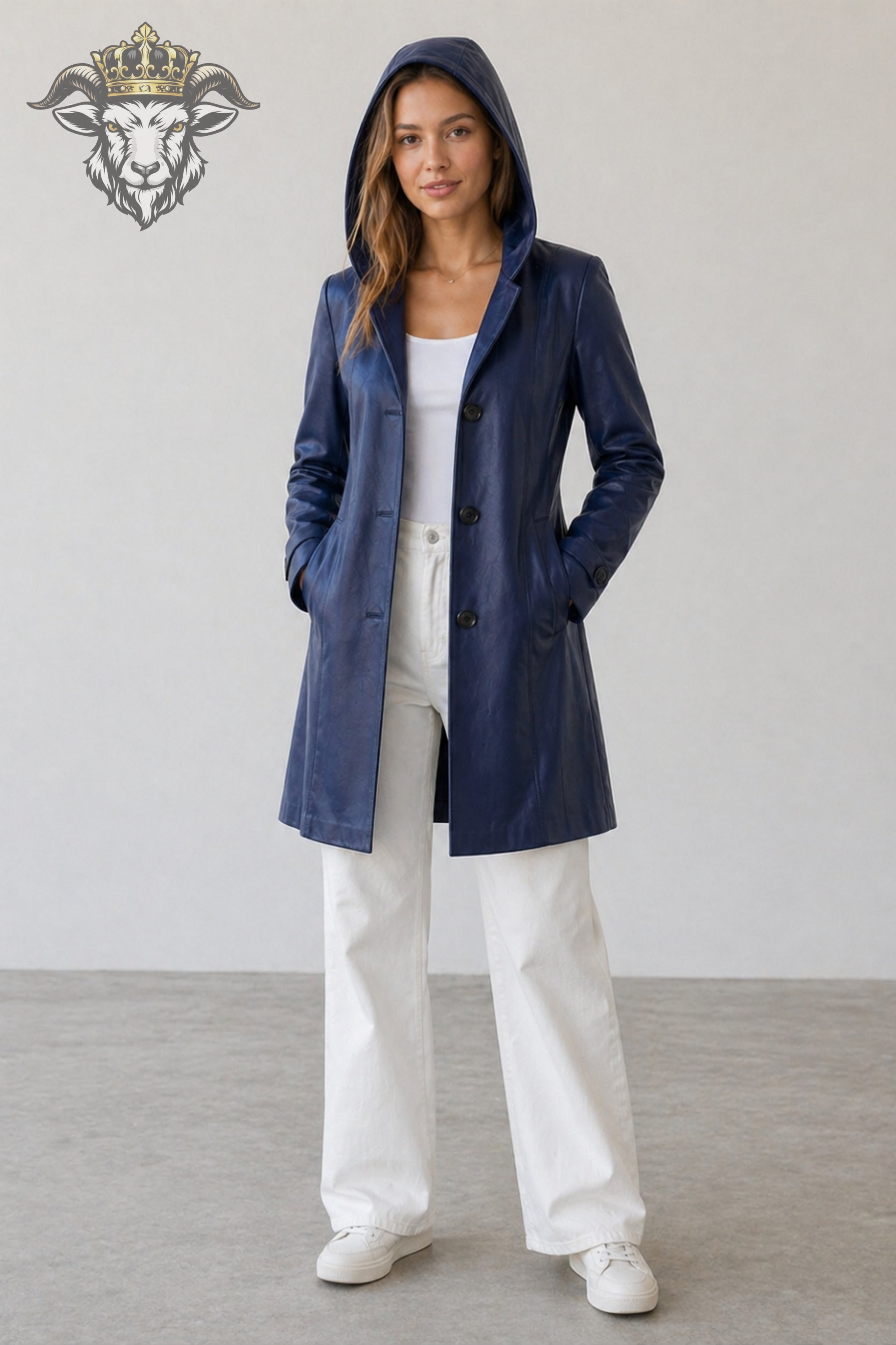 Women’s Indigo Real Leather Hooded Coat