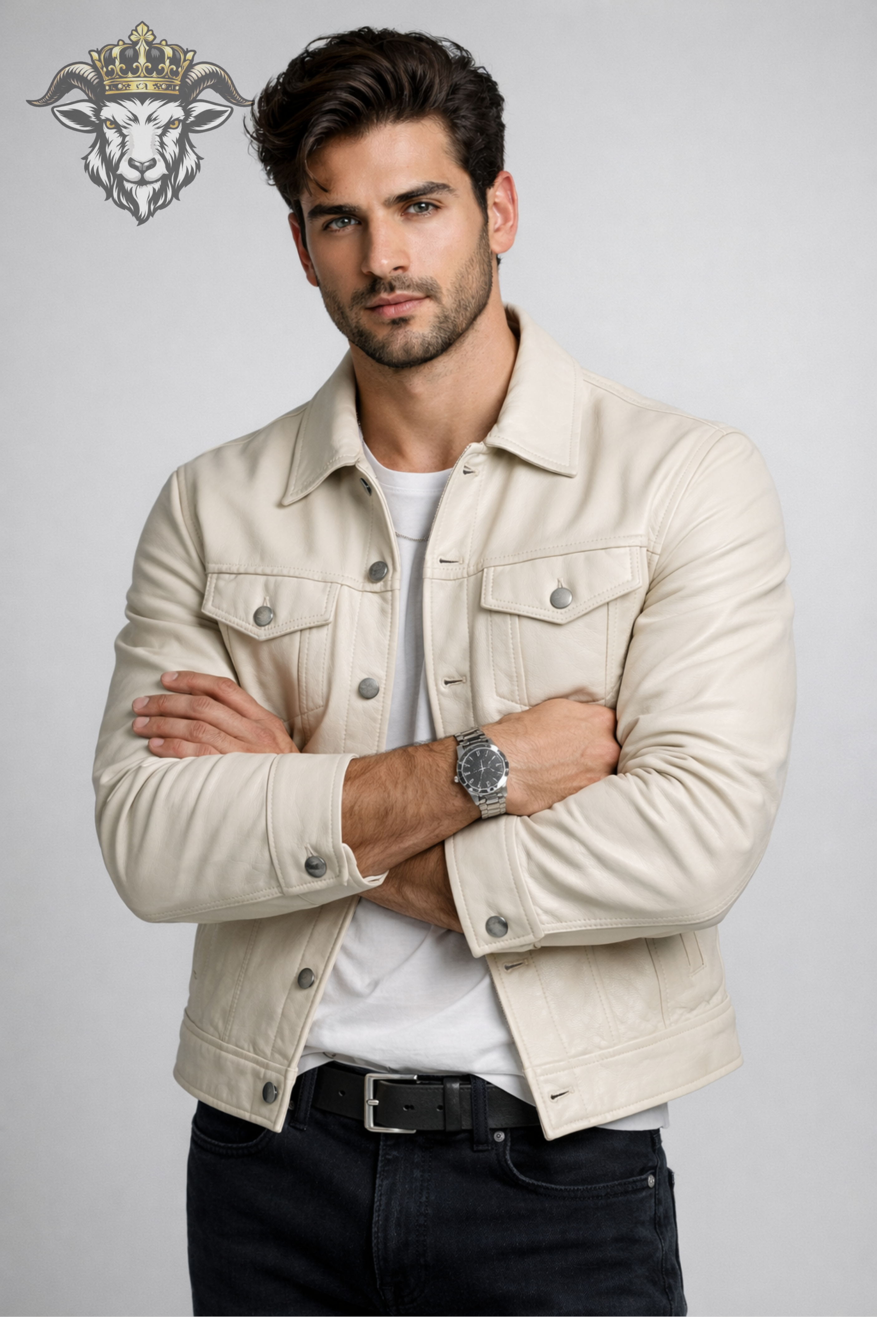 Men’s Cream Real Leather Trucker Jacket
