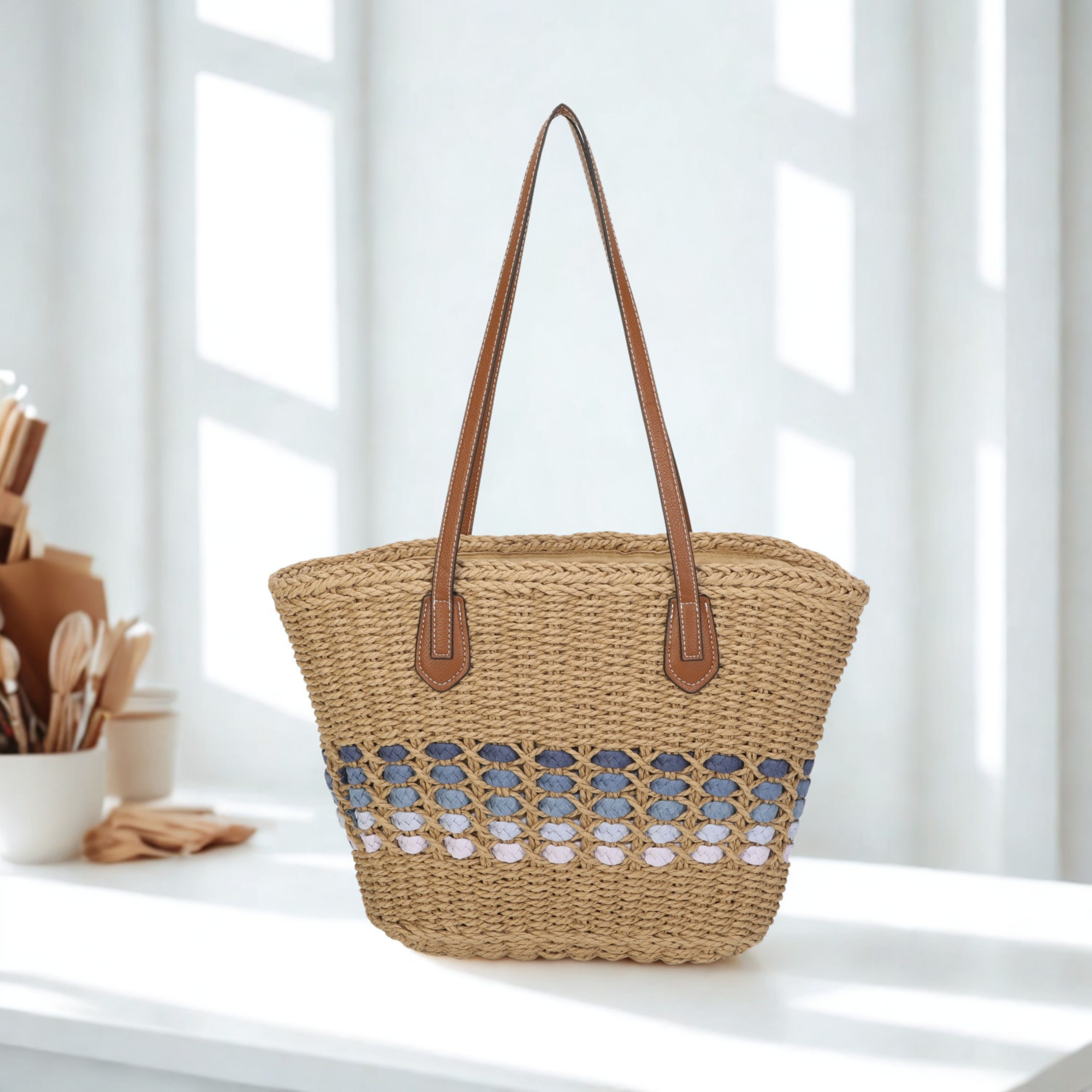 Women’s Straw Tote Bag – Large Summer Beach Handbag, Silver Tone Hardware & Interior Pocket
