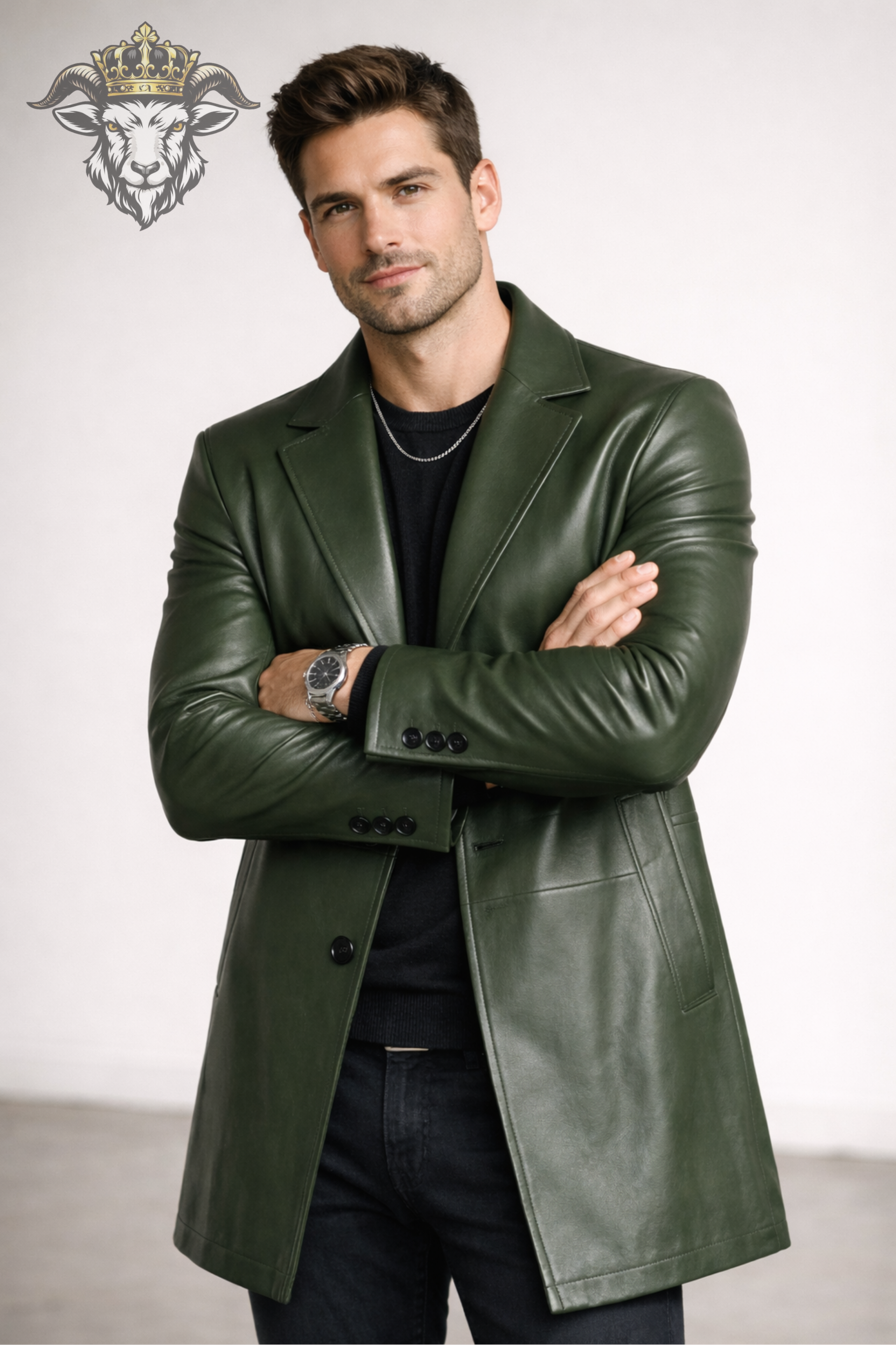 Men’s Green Real Leather Coat – Mid-Thigh Premium Matte Finish Overcoat | Slim Fit Modern Leather Jacket for Men