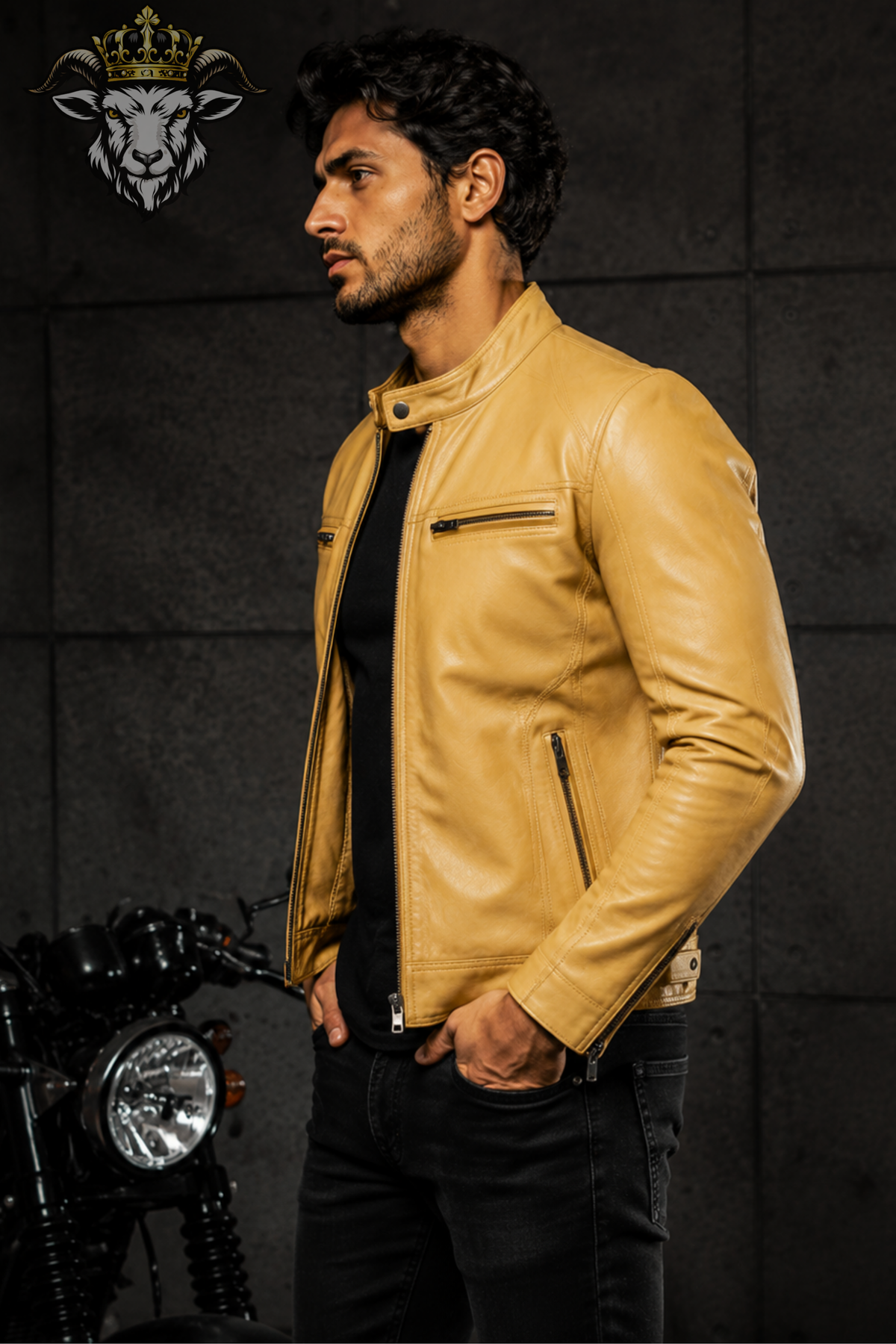 Men's Yellow Real Leather Biker Jacket, Slim Fit Motorcycle Jacket, Stand Collar Moto Jacket, Men's Yellow Leather Coat