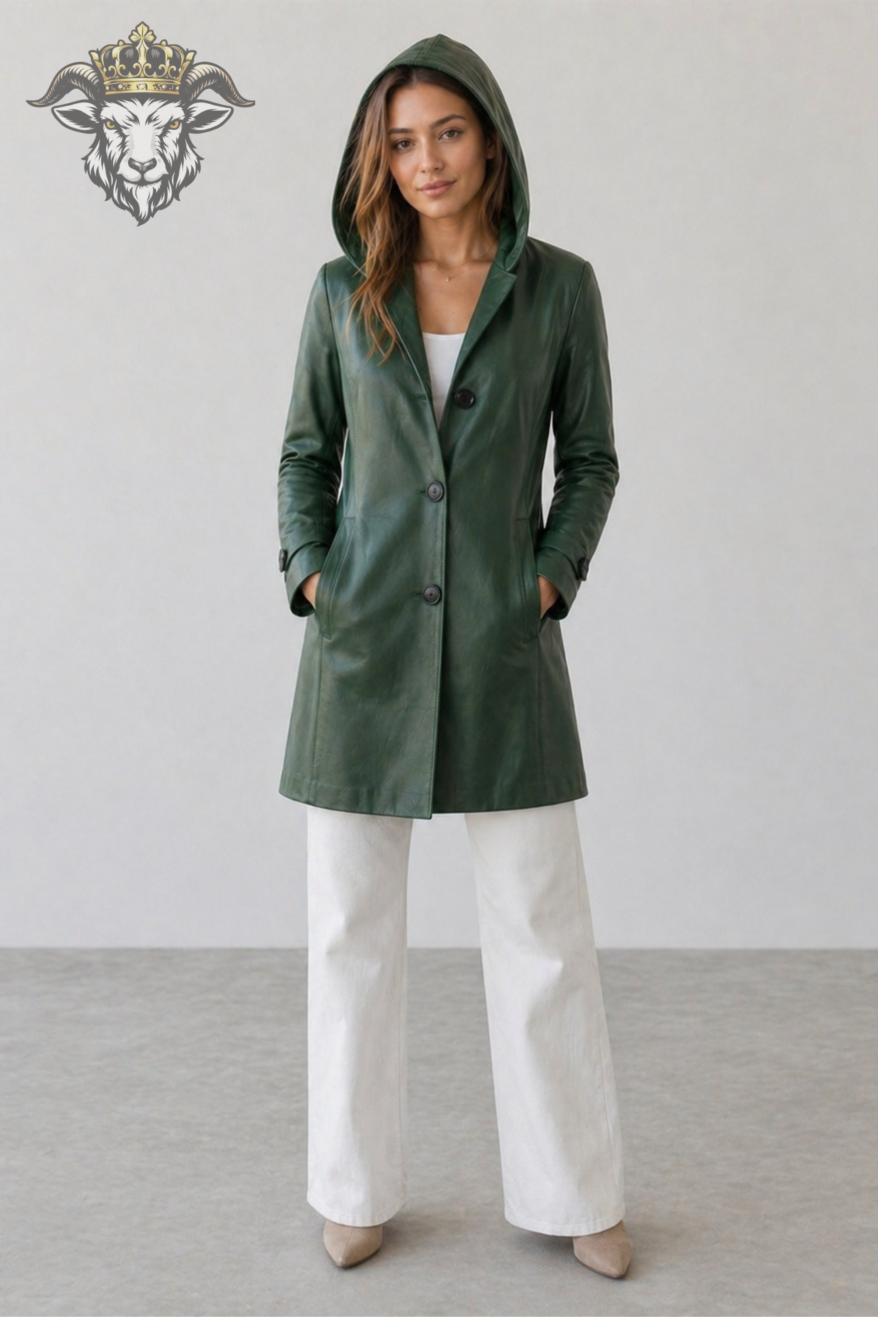 Women’s Green Real Leather Hooded Coat