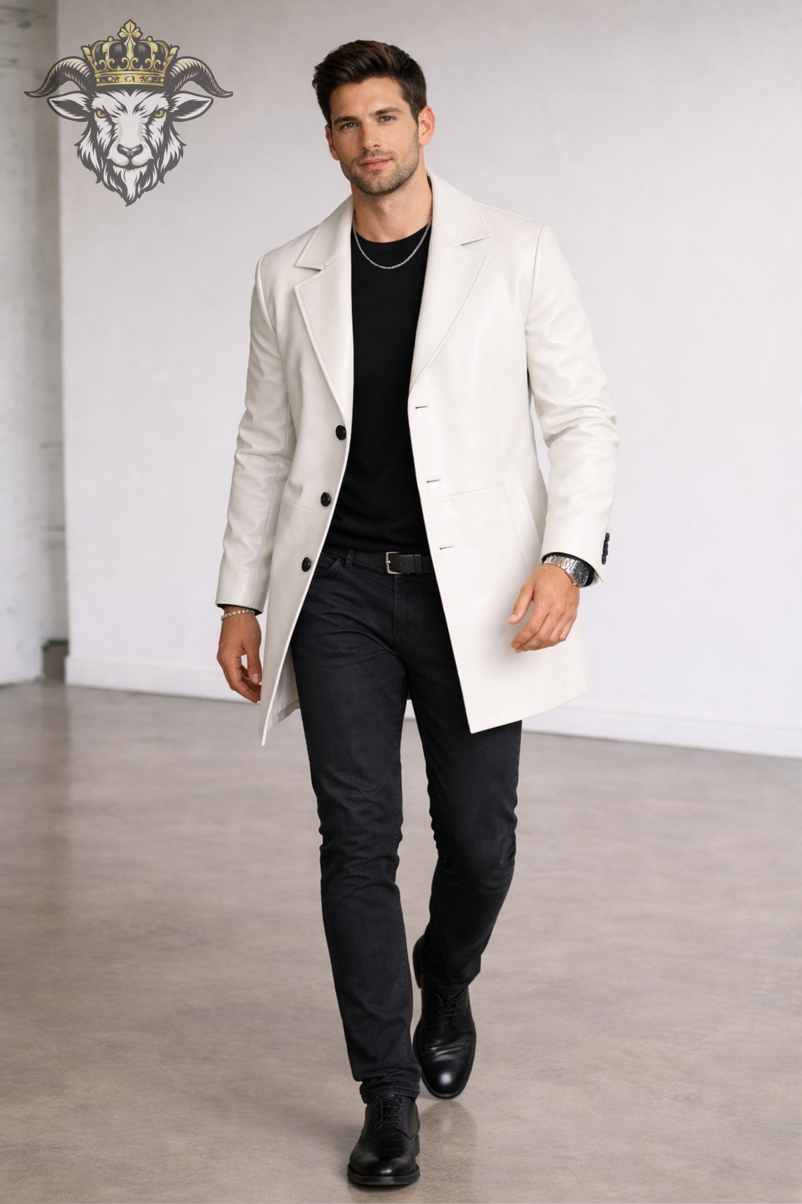 Men’s White Real Leather Coat – Mid-Thigh Length Premium Tailored Jacket with 3-Button Design, Modern Slim Fit Overcoat