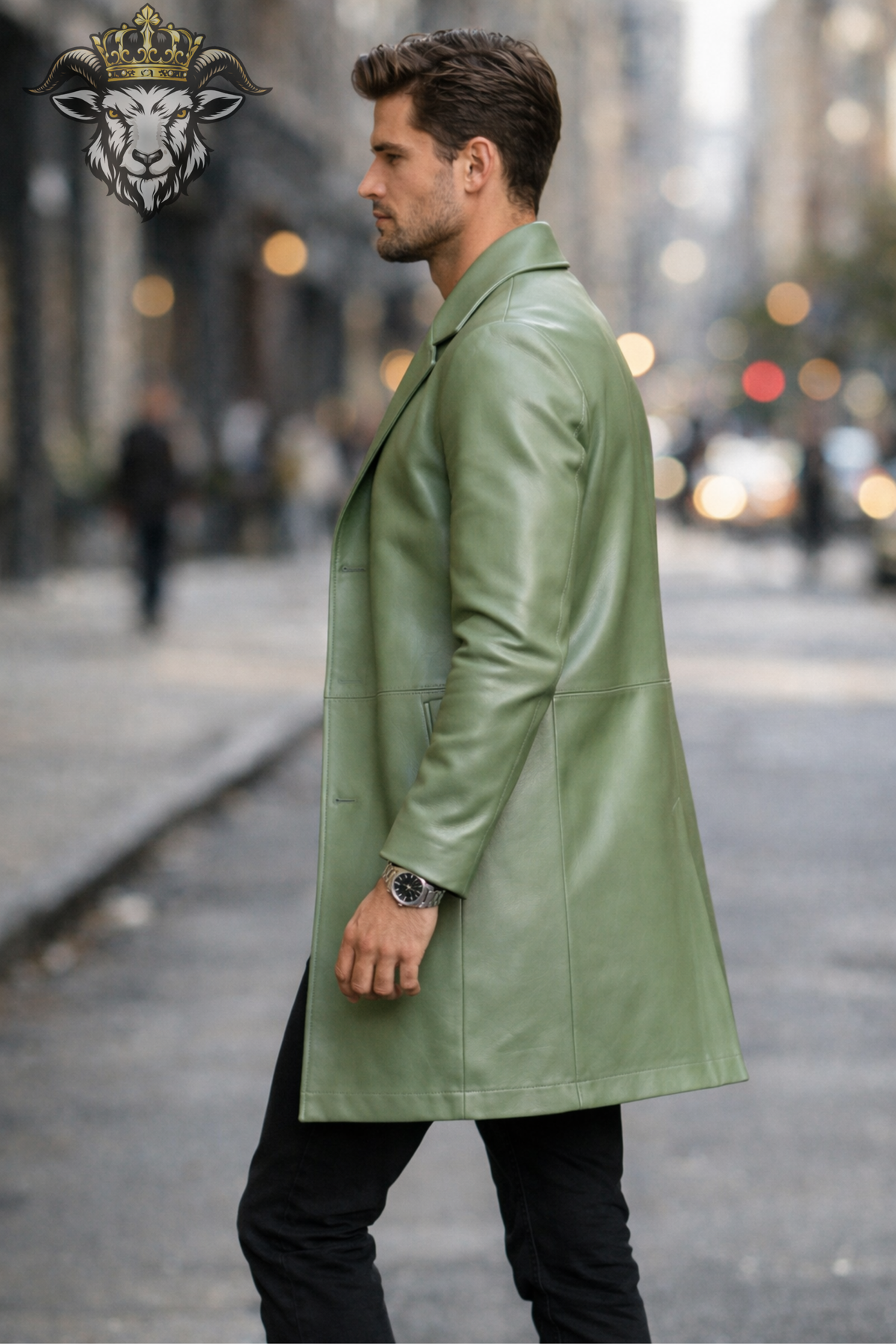 Men's Light Green Real Leather Coat, Tailored Mid-Thigh Leather Jacket, 3 Button Lapel Overcoat, Modern Luxury Mens Outerwear
