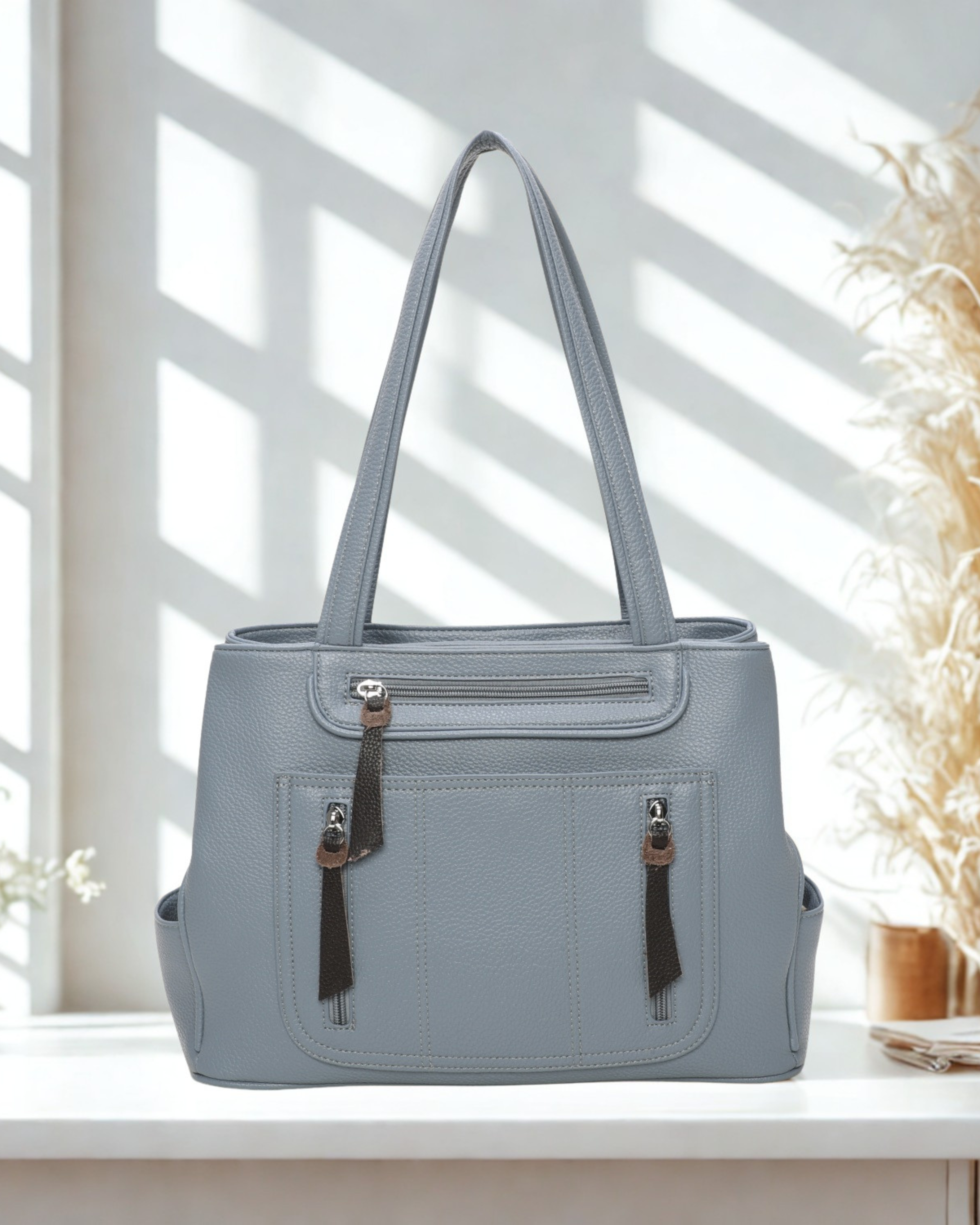 Women’s Multi Pocket Tote Shoulder Bag – Top Zip Closure, Double Compartment Handbag