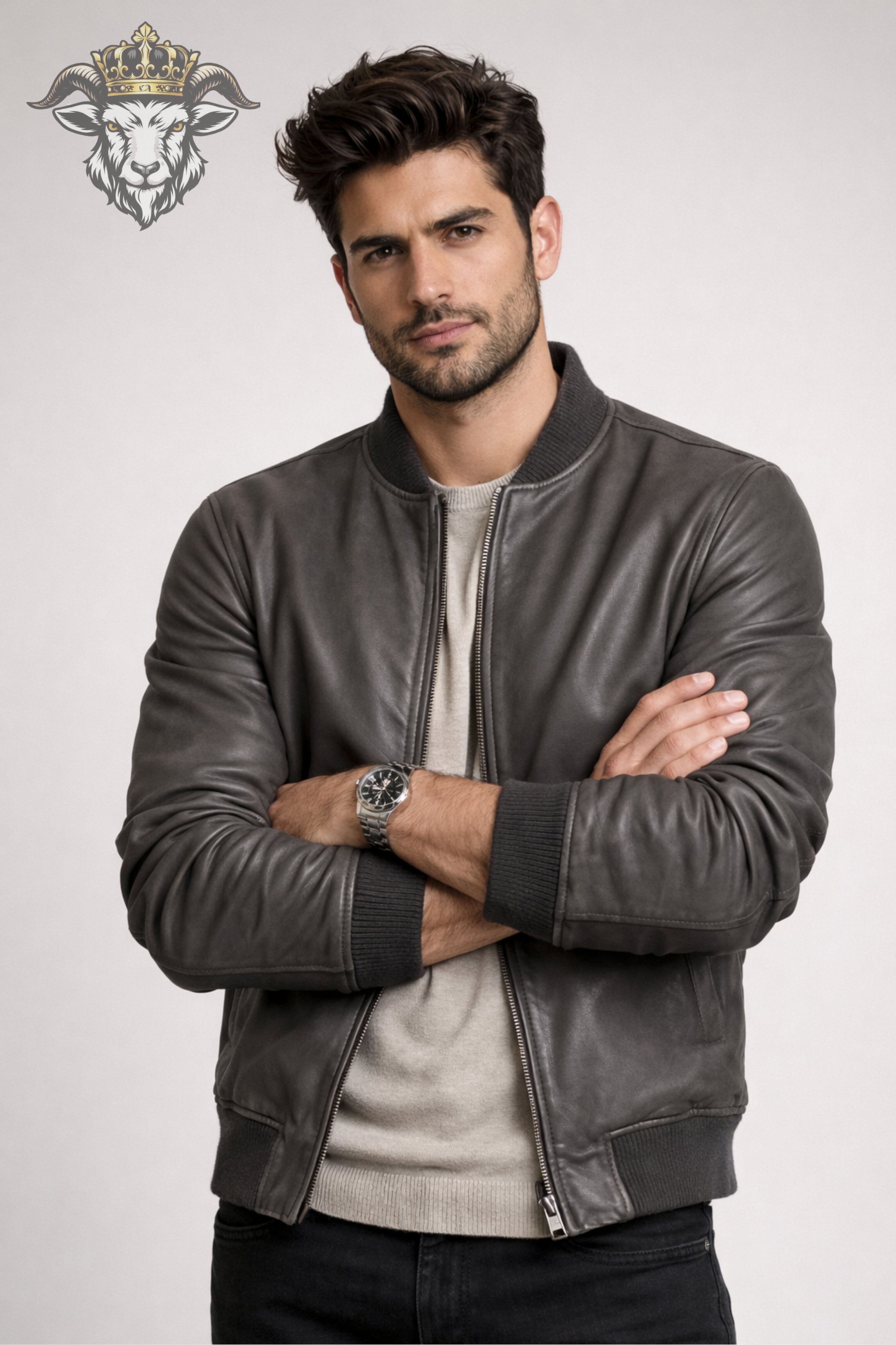 Men’s Grey Real Leather Bomber Jacket