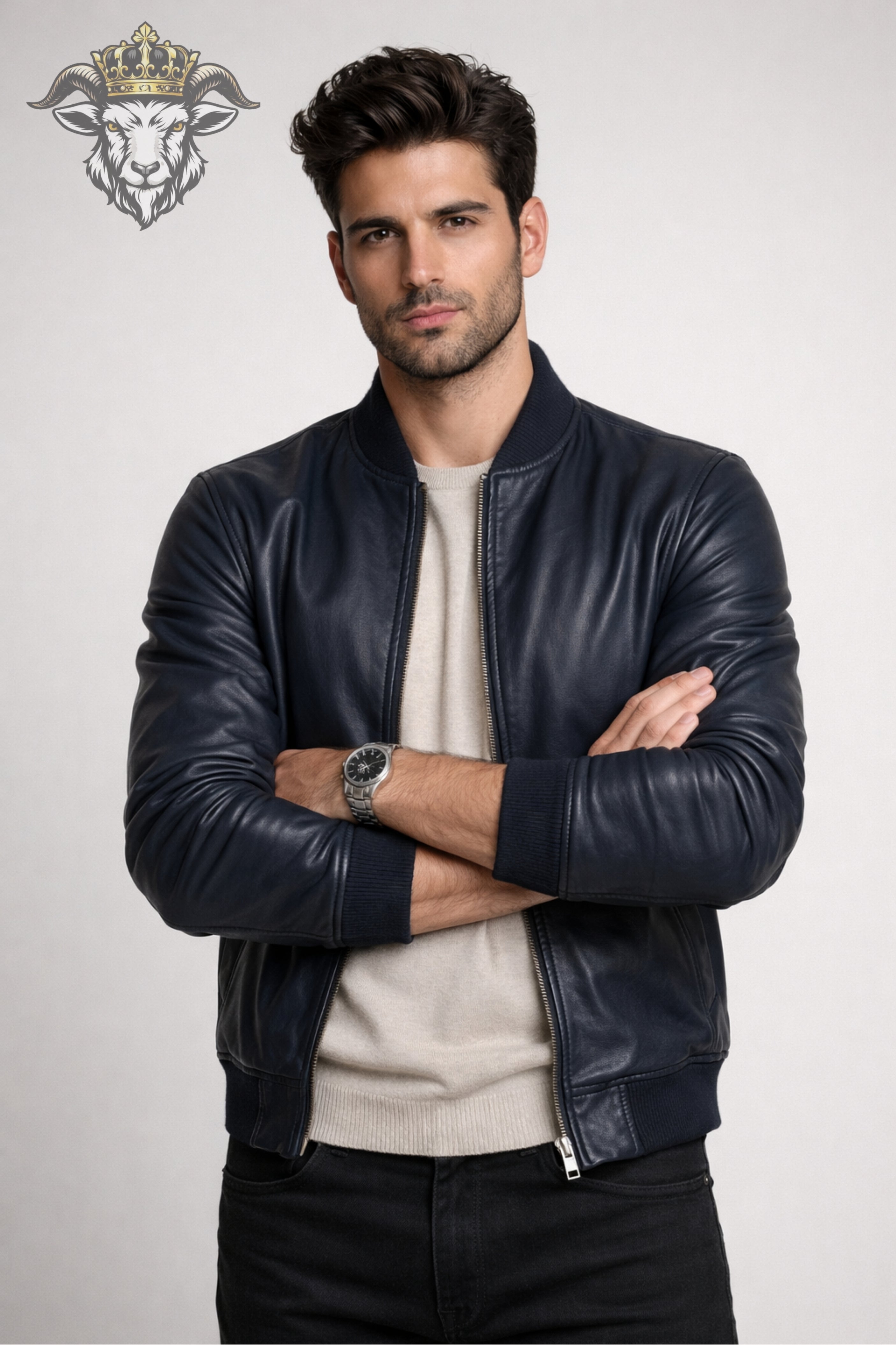 Men’s Navy Blue Real Leather Bomber Jacket