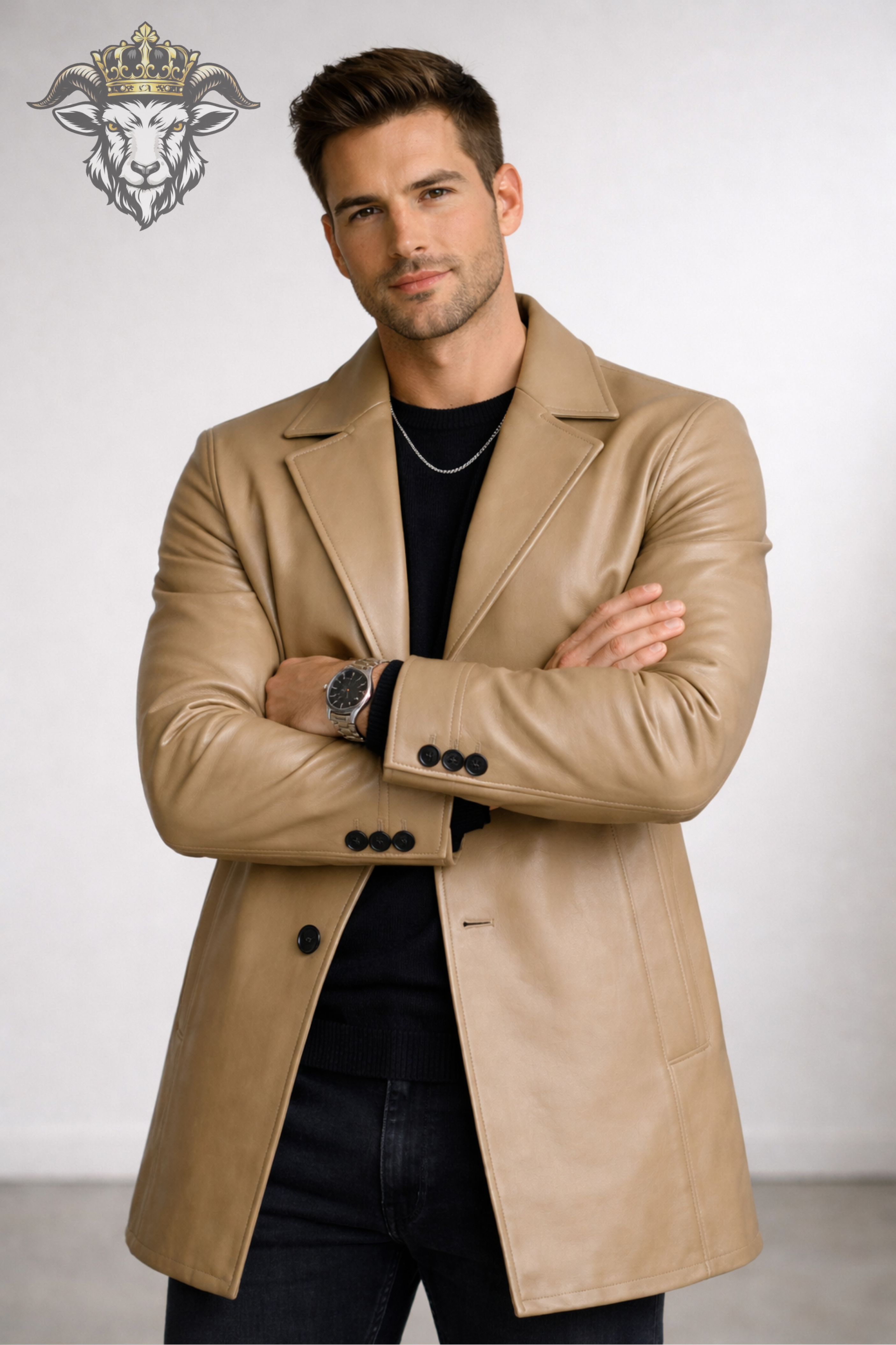 Men’s Real Leather Coat – Premium Beige Mid-Length Leather Jacket with Classic Lapel, Tailored Fit Winter Overcoat for Men