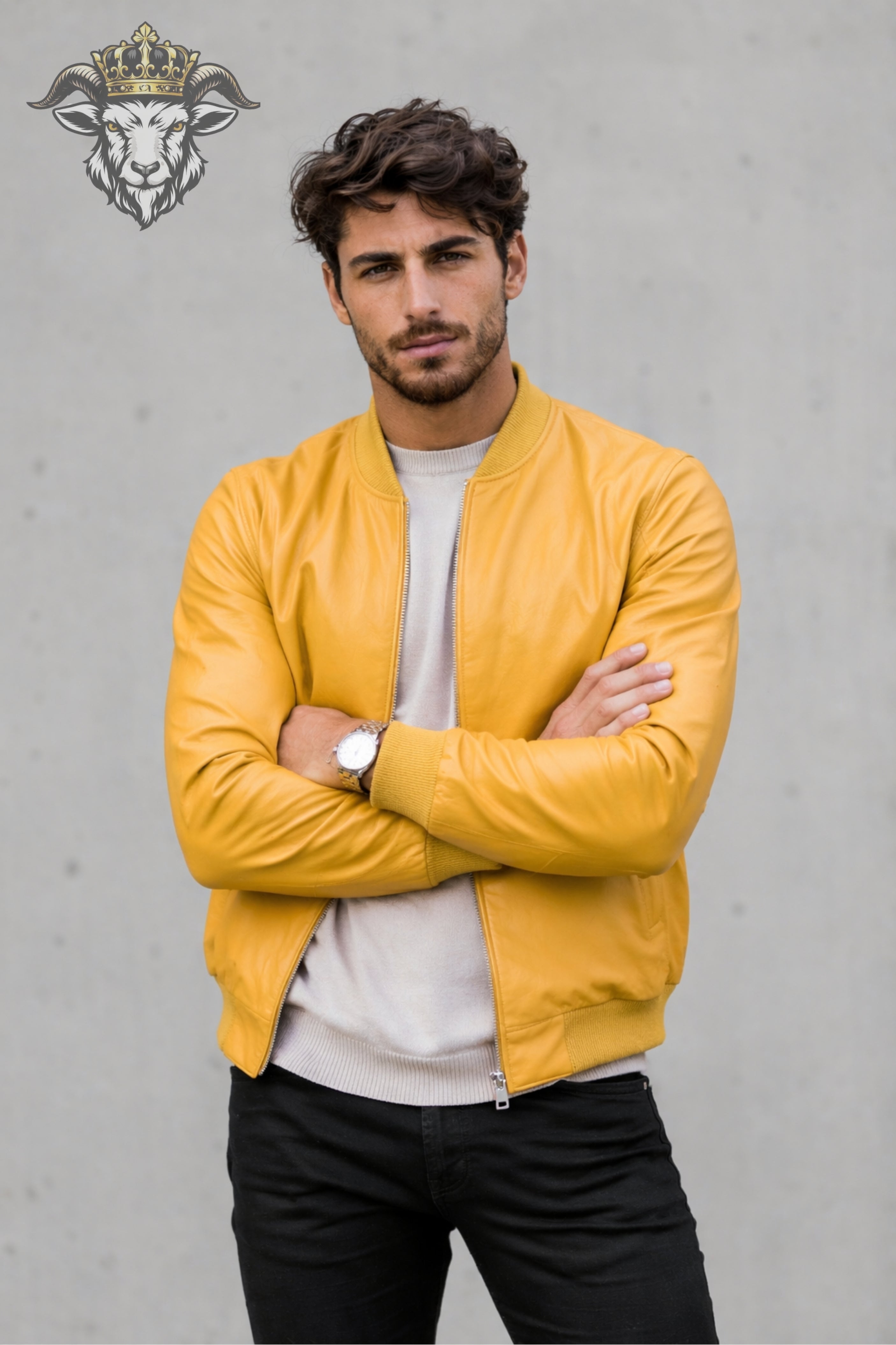 Men’s Yellow Real Leather Bomber Jacket