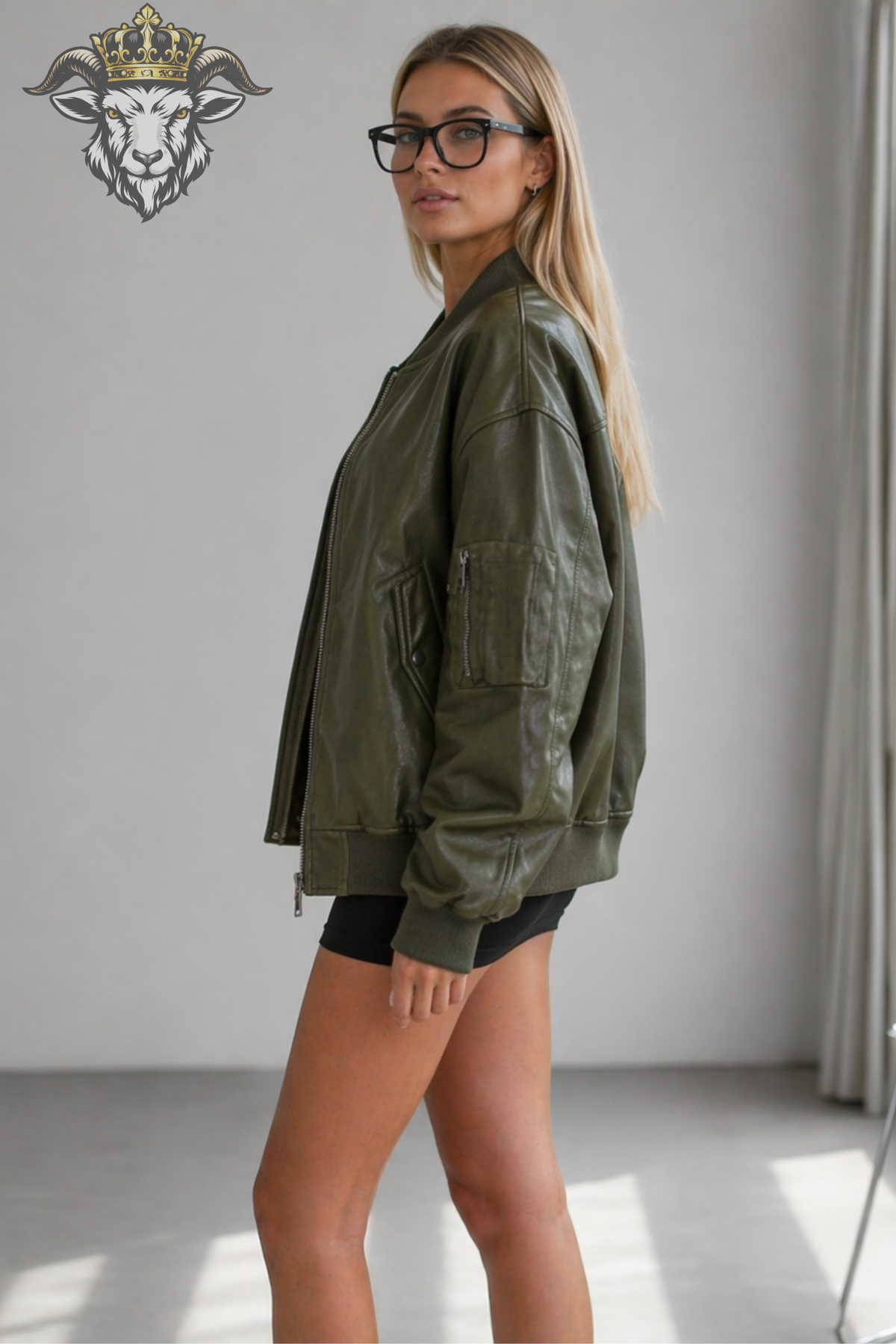 Women's Olive Green Leather Bomber Jacket, Oversized Zip Jacket, Relaxed Fit Streetwear Outerwear, Ribbed Collar Casual Jacket