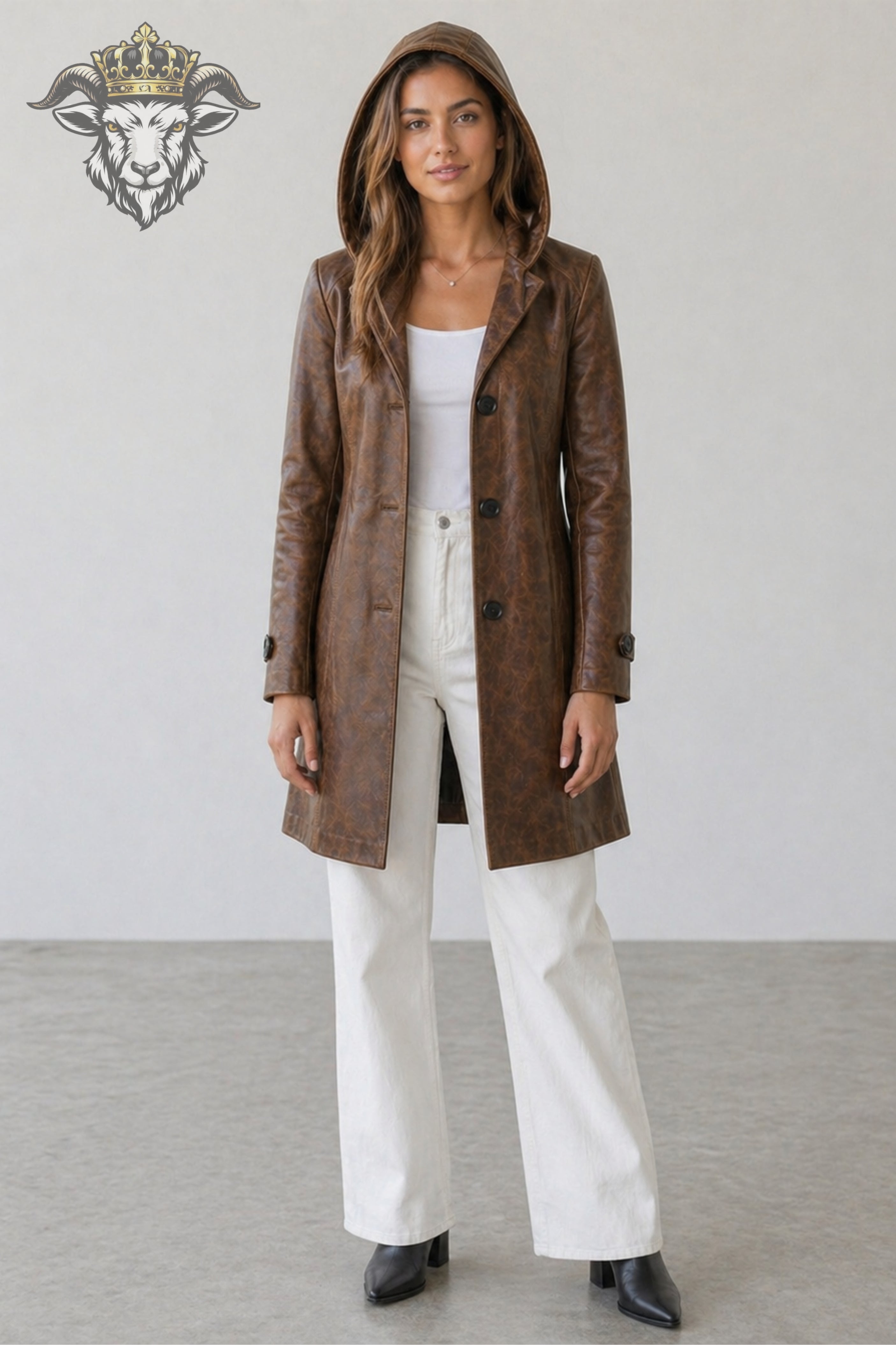 Women’s Distress Brown Real Leather Hooded Coat