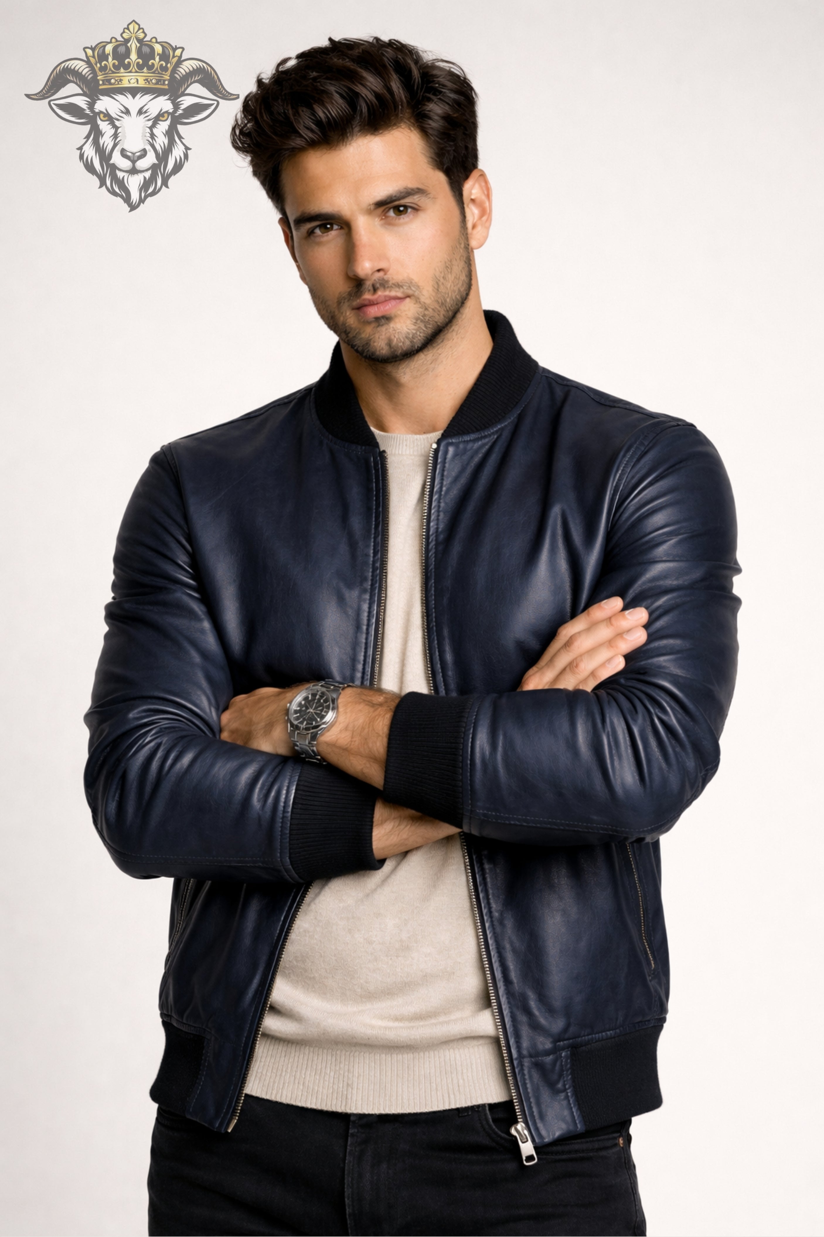 Men’s Indigo Real Leather Bomber Jacket