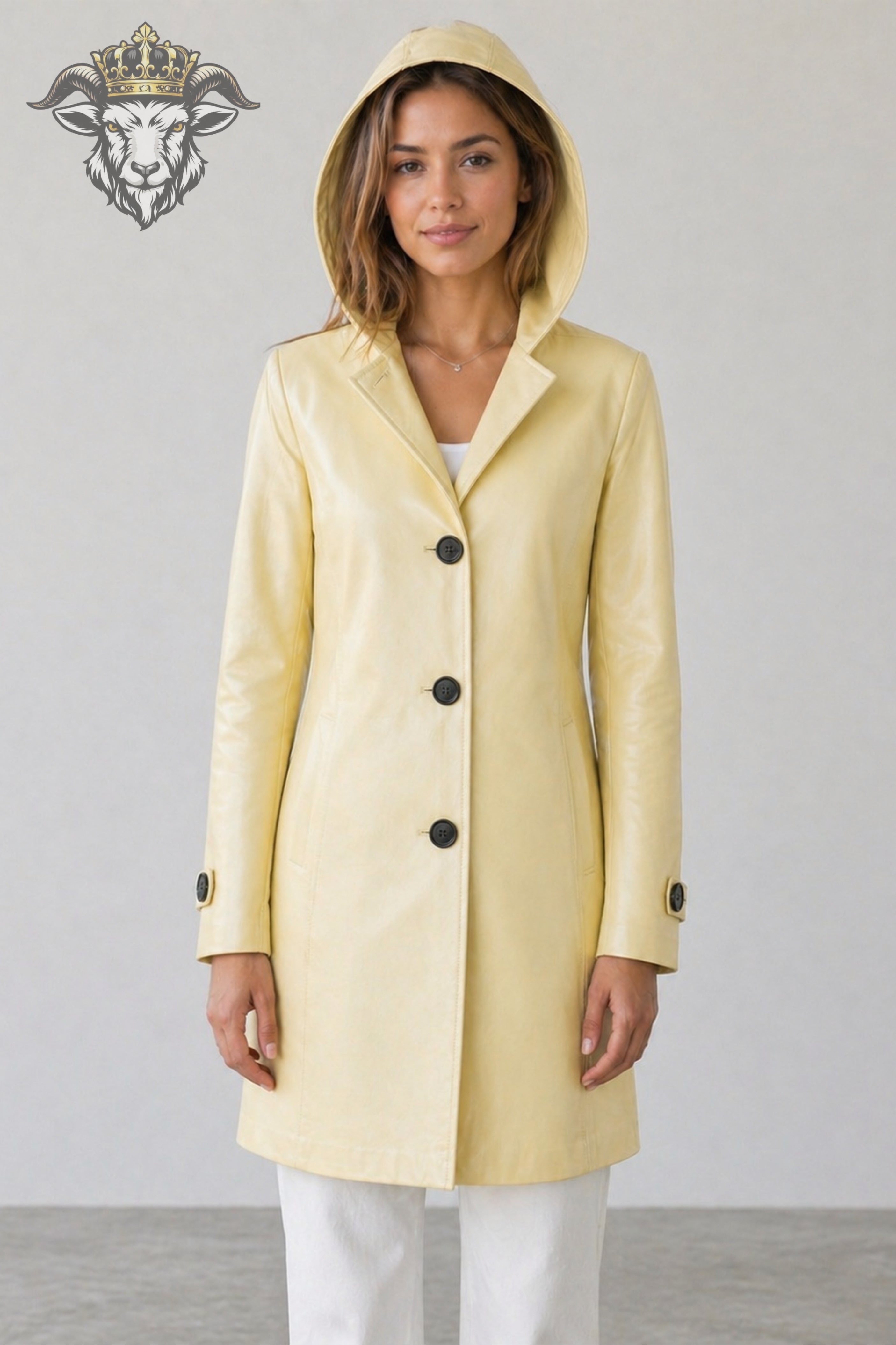 Women’s Pale Yellow Real Leather Hooded Coat