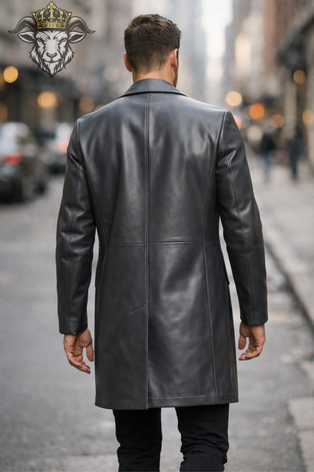 Men's Grey Leather Overcoat, Tailored Button Front Coat, Classic Lapel Long Jacket, Modern Minimalist Outerwear