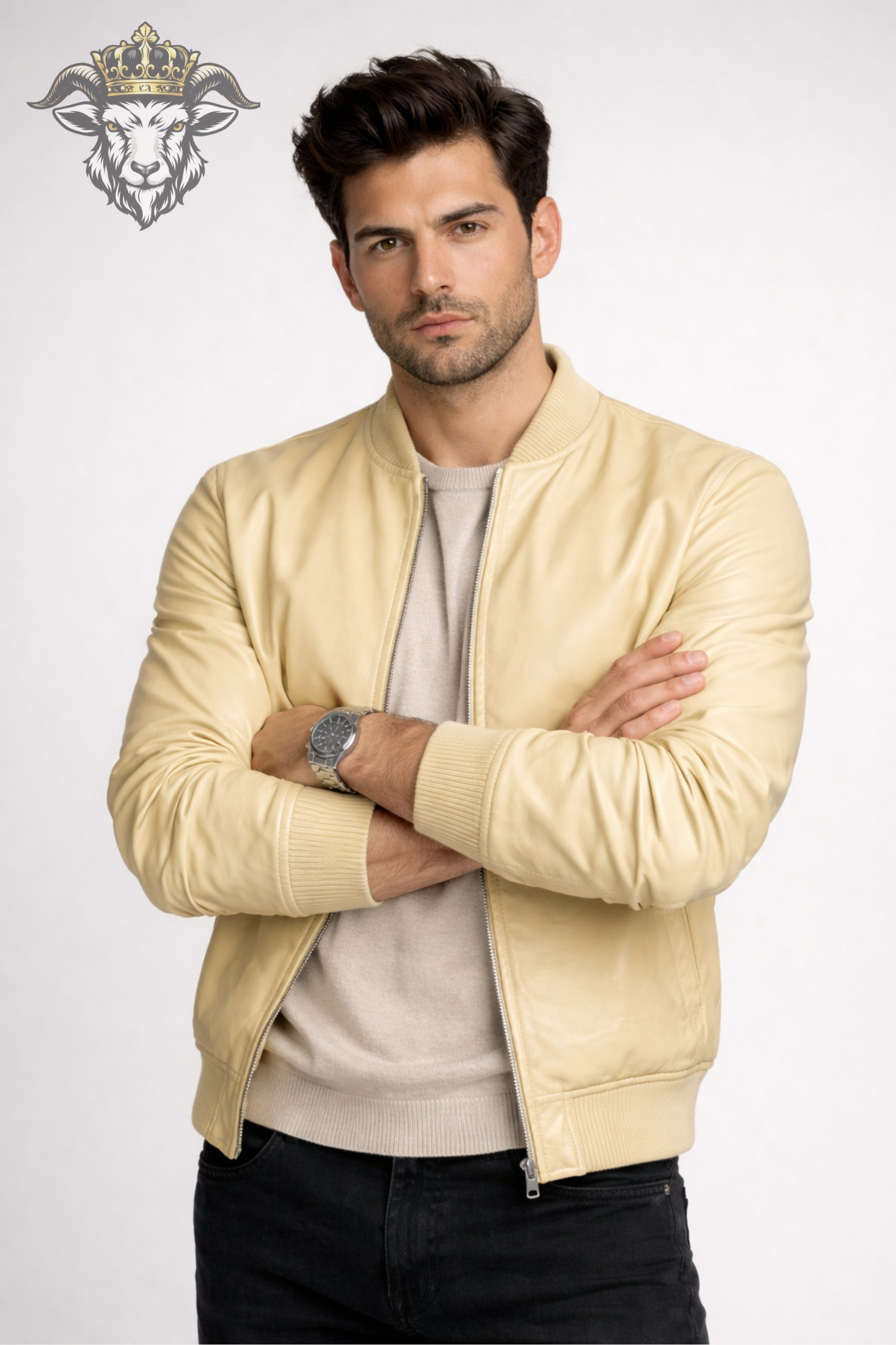 Pale Yellow Real Leather Bomber Jacket for Men
